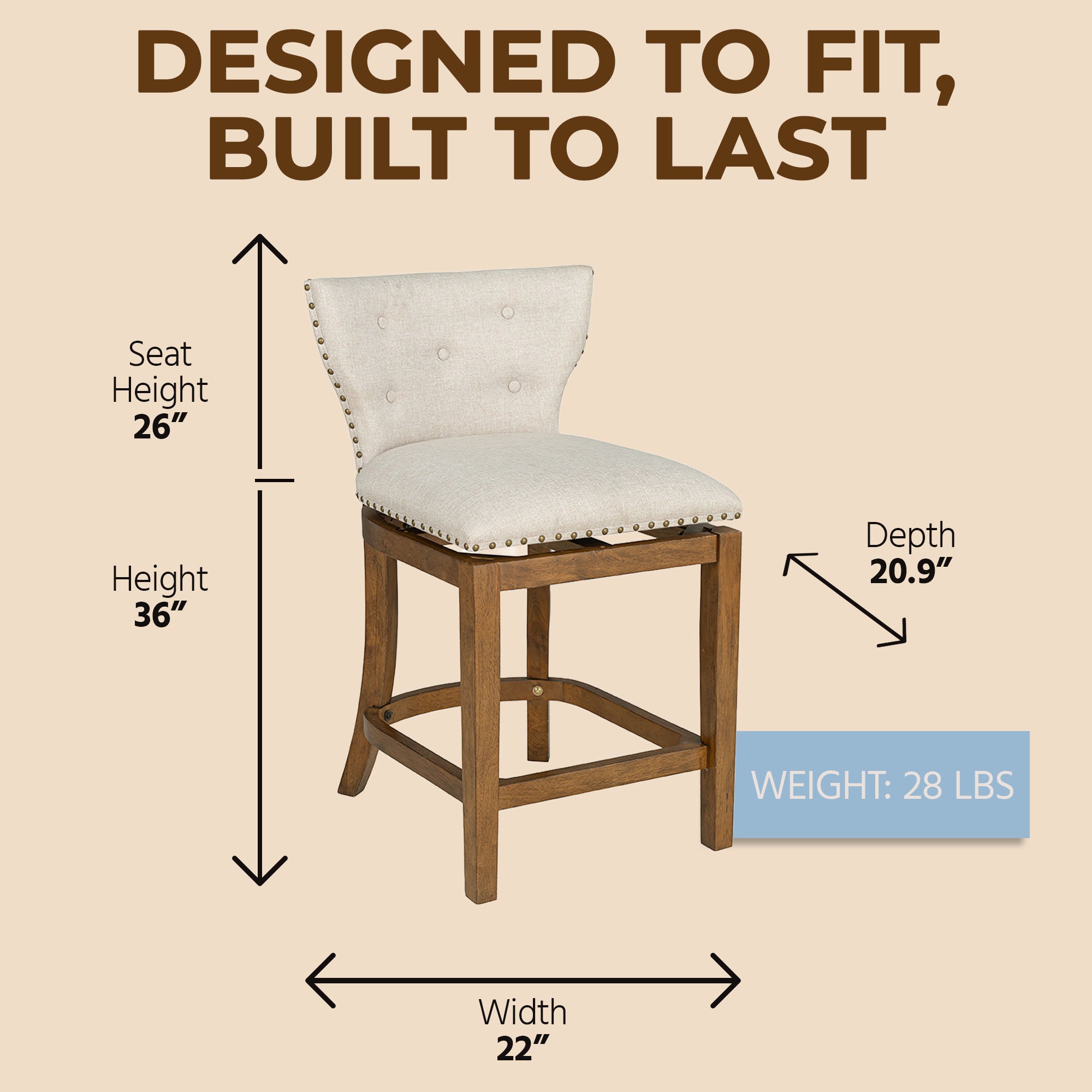 ROME + OAK Carlynd 26" Swivel Counter Stool, Weathered Oak, Sand Fabric - VMInnovations
