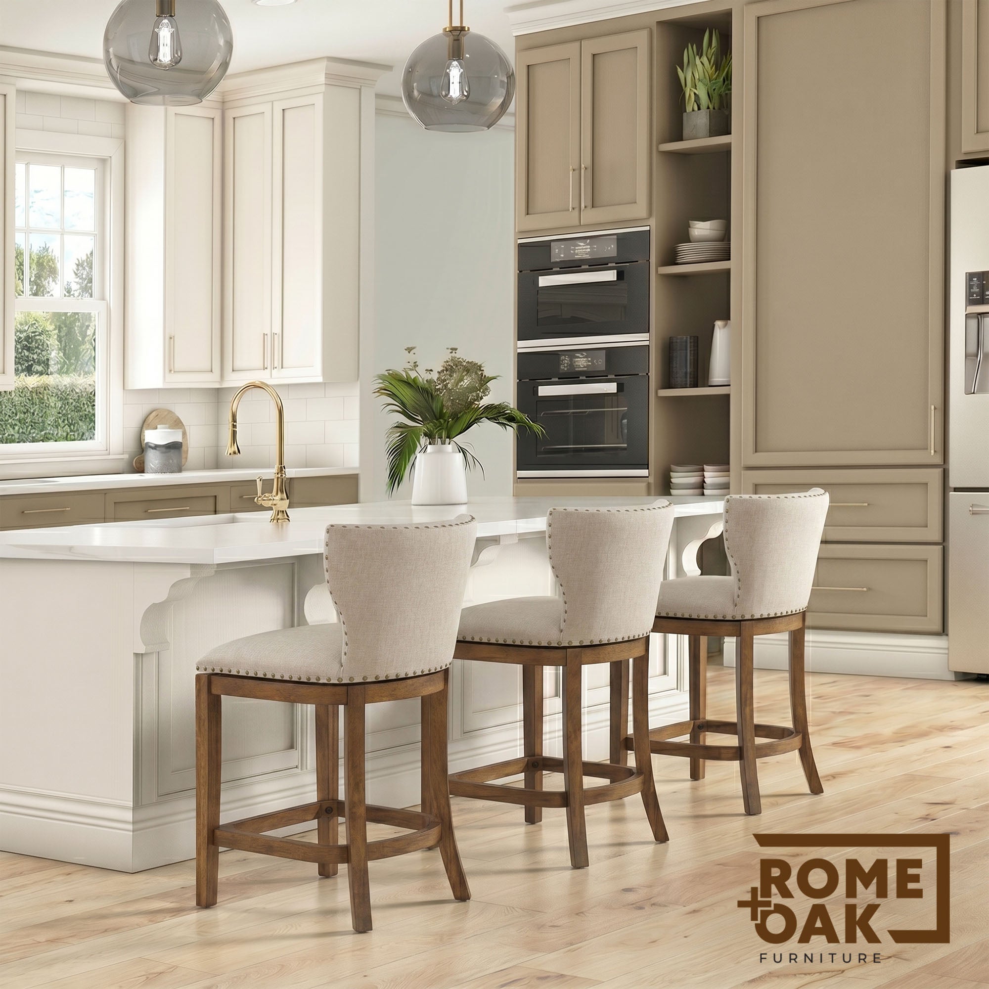ROME + OAK Carlynd 26" Swivel Counter Stool, Weathered Oak, Sand Fabric - VMInnovations