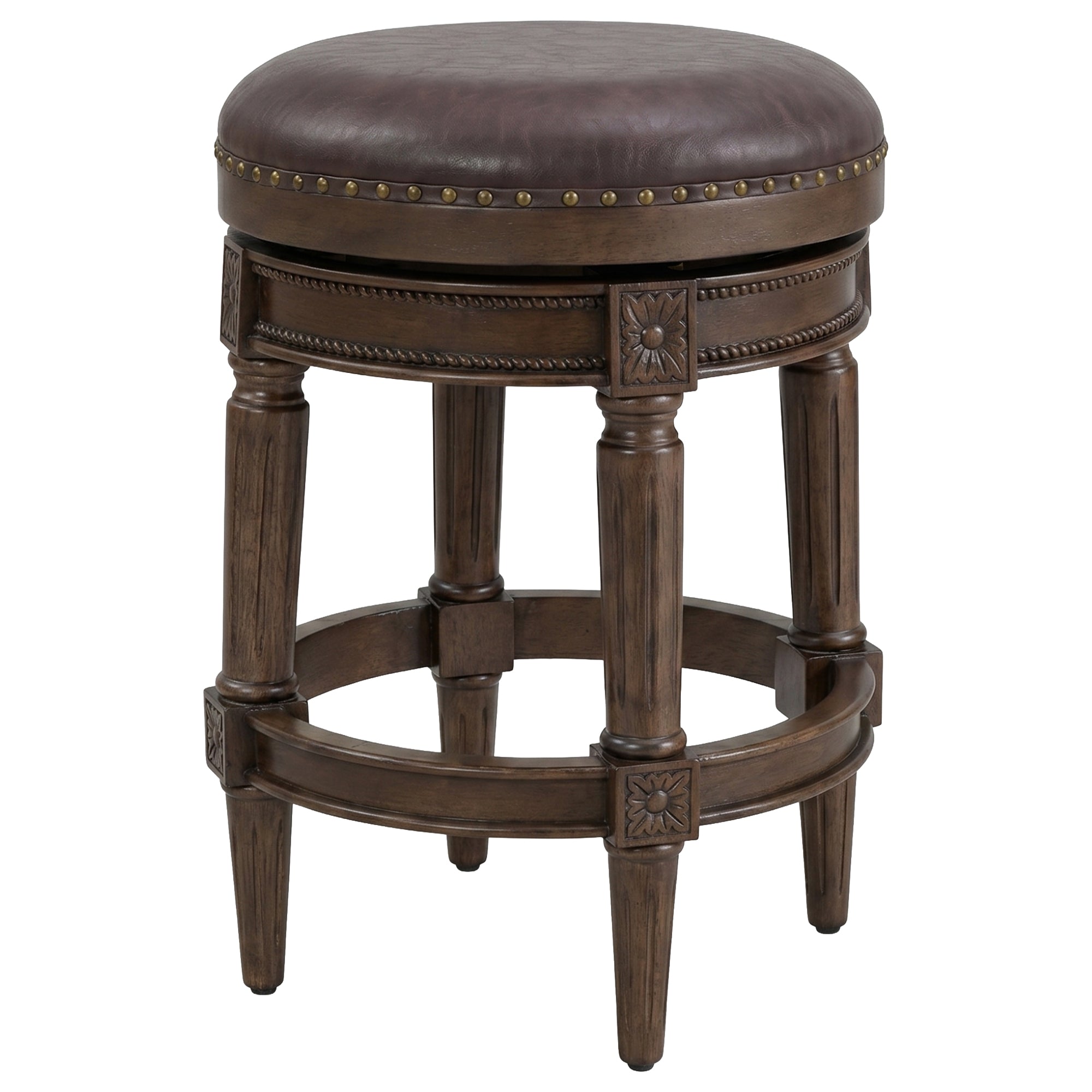 ROME + OAK Runyan 26" Swivel Counter Stool, Walnut, Brown Vegan Leather,Set of 3