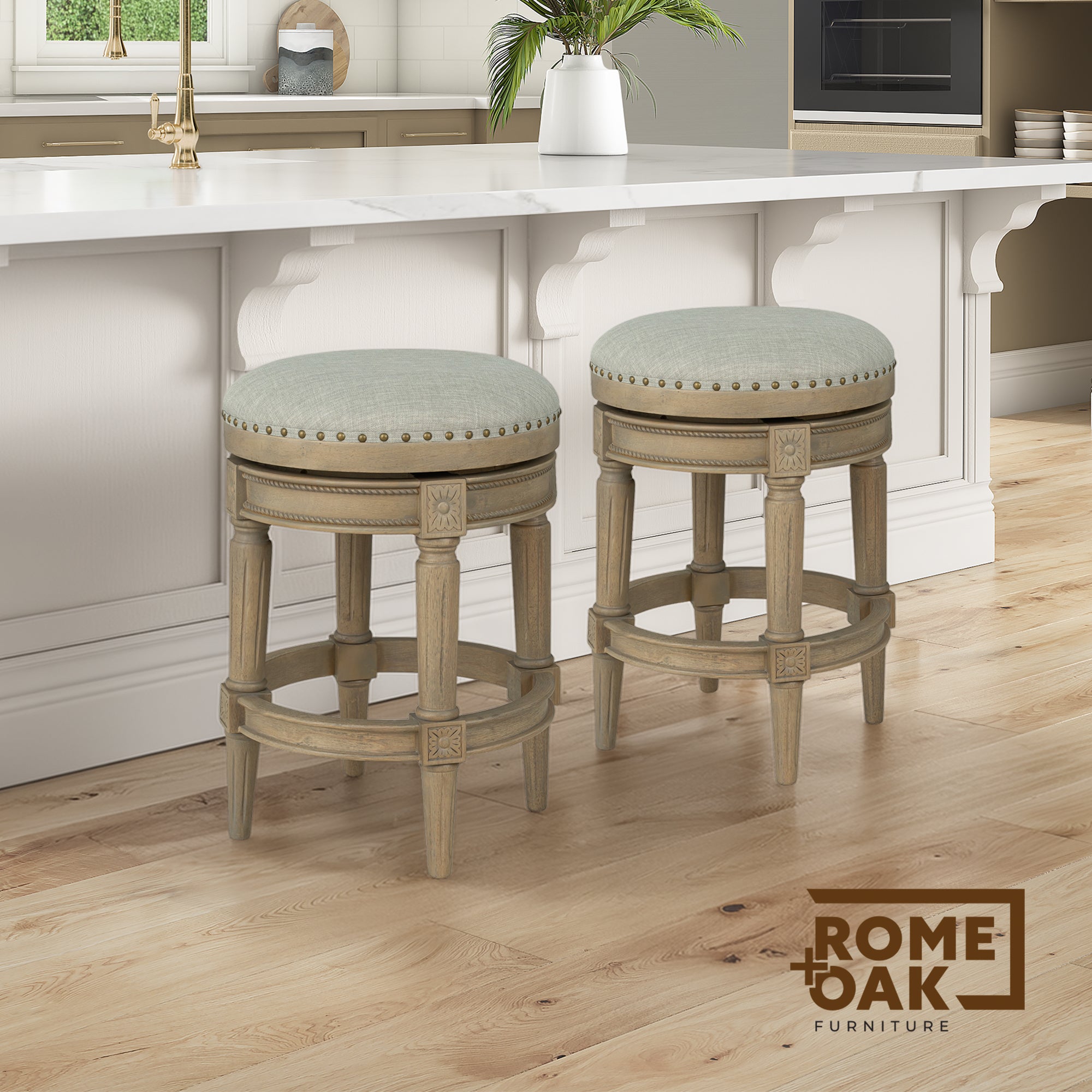 ROME + OAK Runyan 26" Swivel Counter Stool, Reclaimed Oak, Grey Fabric, Set of 3