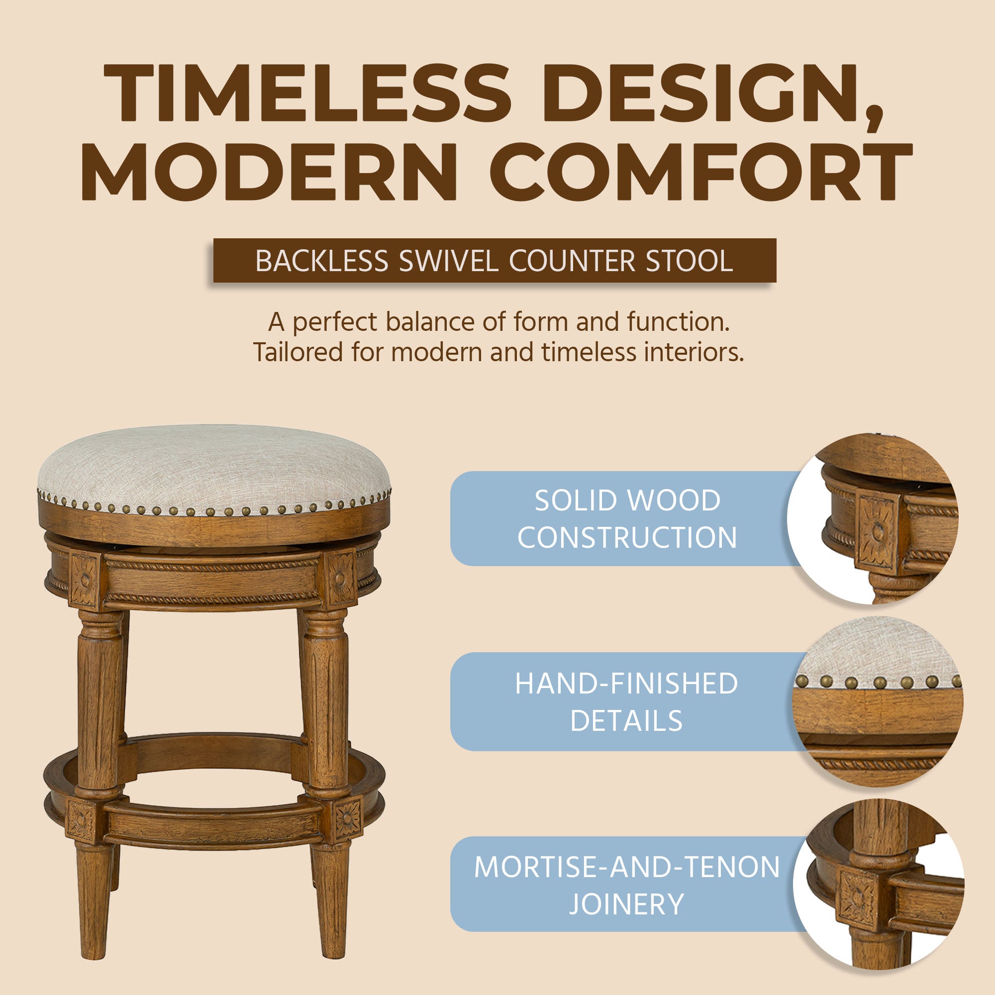 ROME + OAK Runyan 26" Swivel Counter Stool, Weathered Oak, Sand Fabric, Set of 2