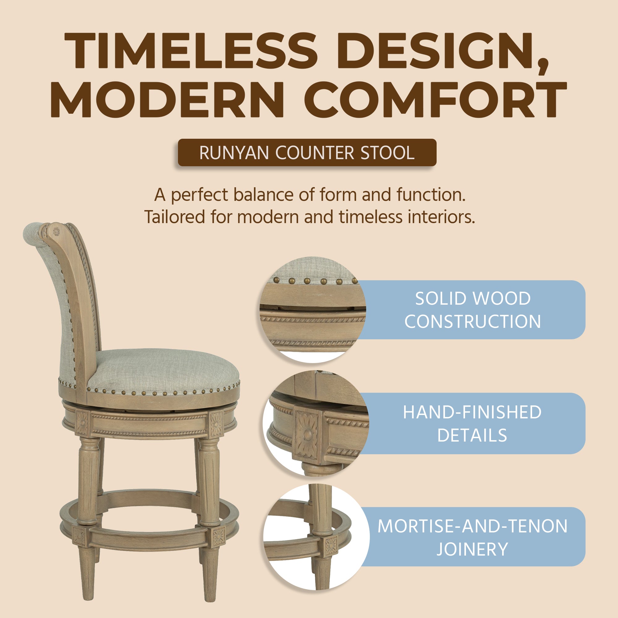 ROME + OAK Runyan 26" Swivel Counter Stool, Reclaimed Oak, Ash Grey Fabric - VMInnovations