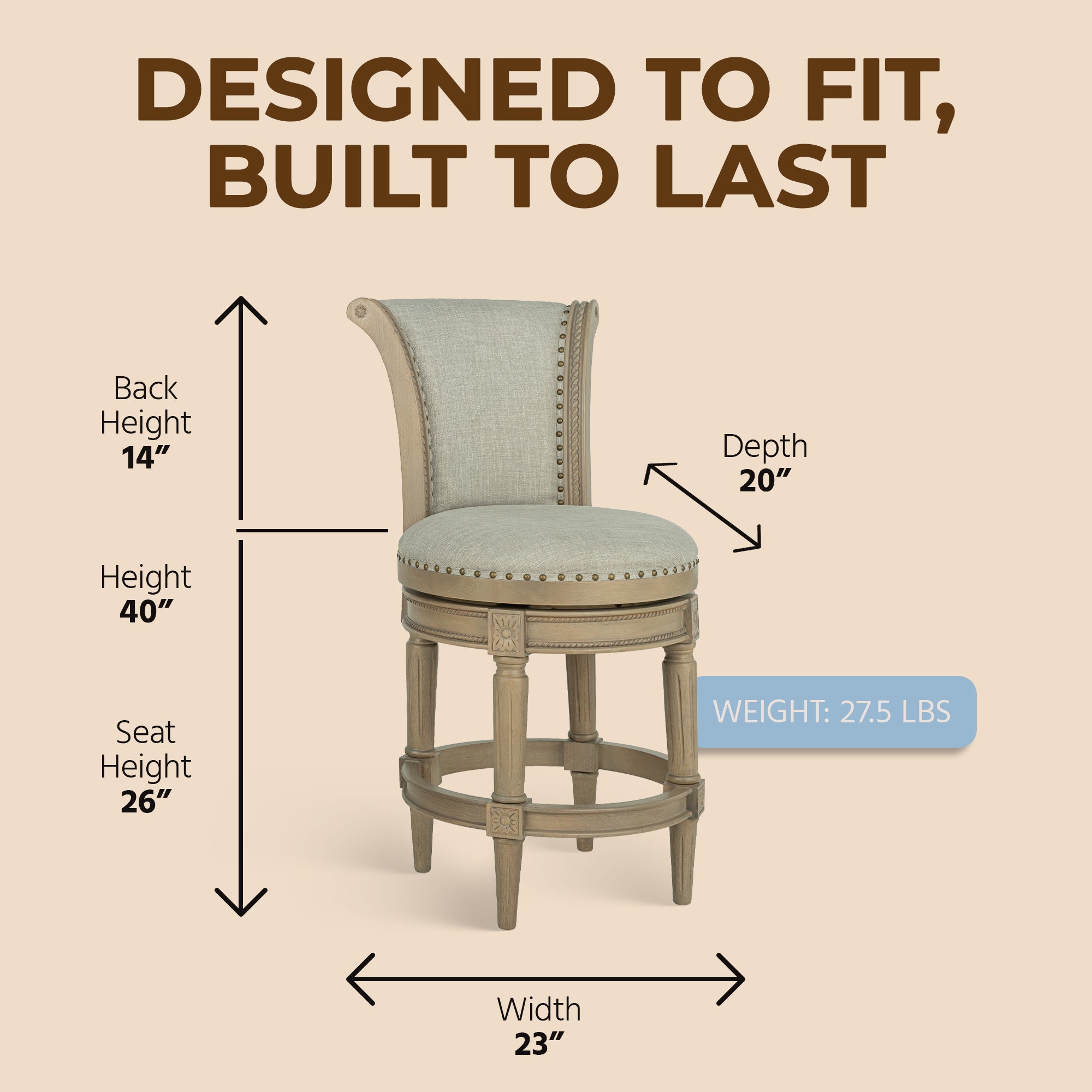 ROME + OAK Runyan 26" Swivel Counter Stool, Reclaimed Oak, Ash Grey Fabric - VMInnovations