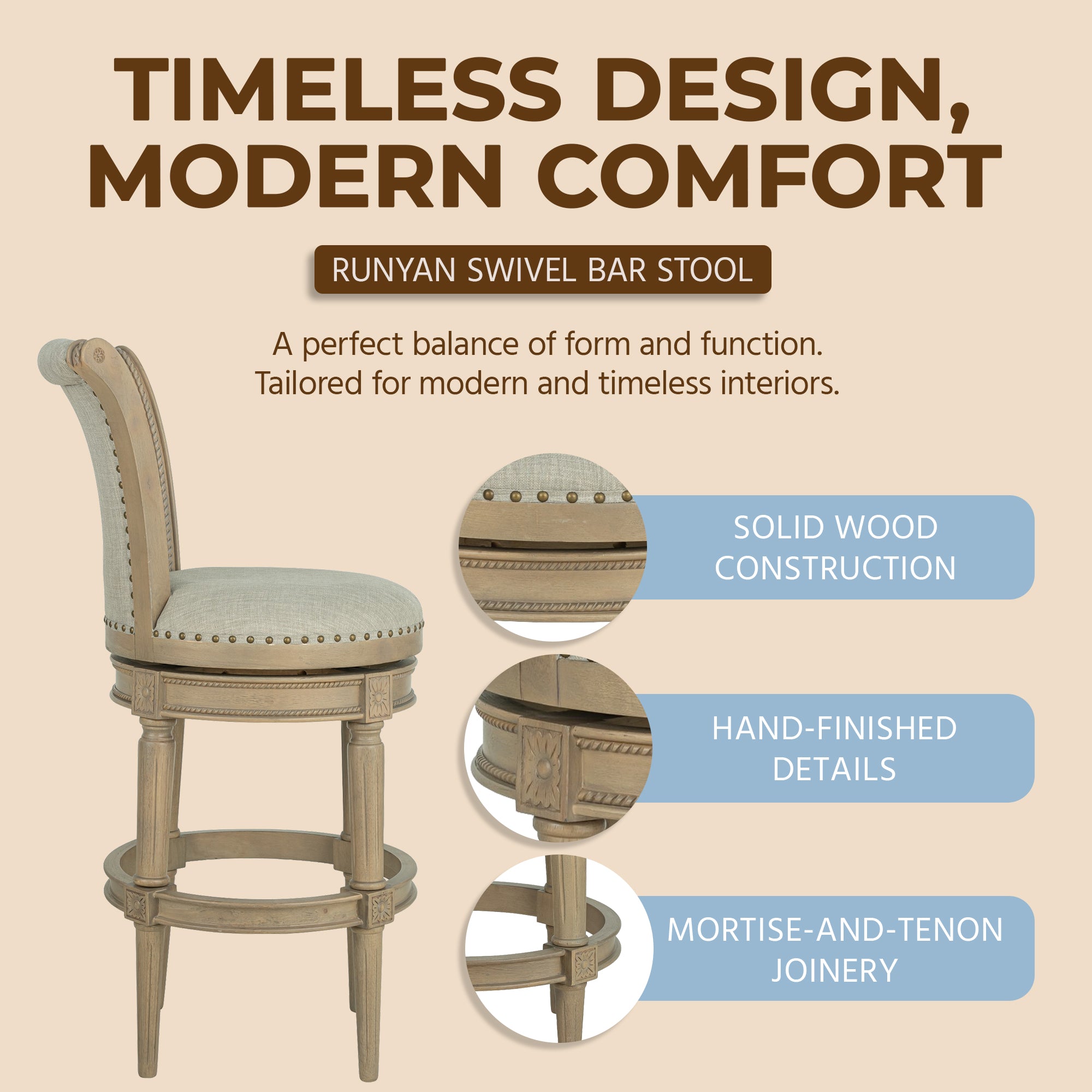 ROME + OAK Runyan 31" Swivel Bar Stool in Reclaimed Oak with Ash Grey Fabric - VMInnovations