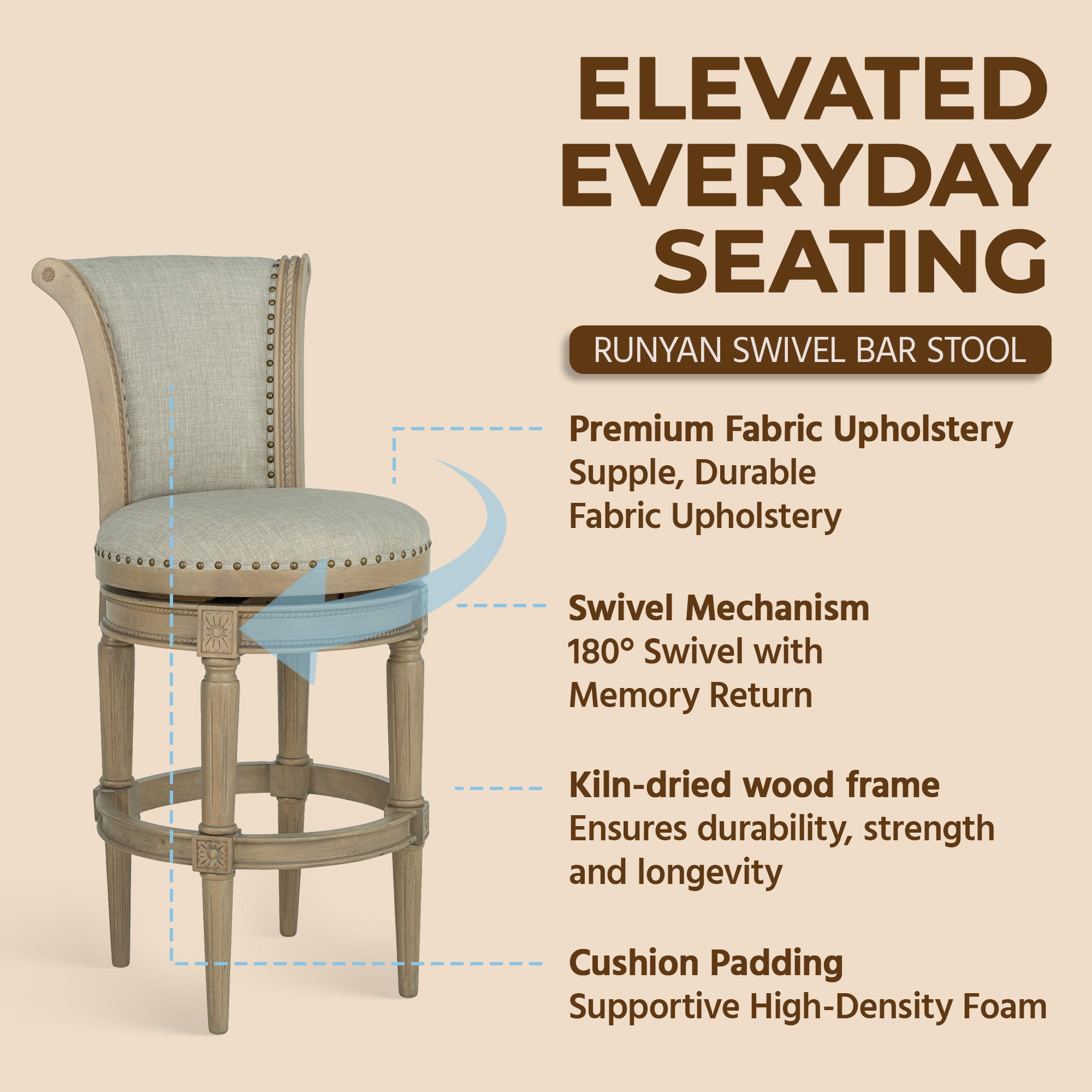 ROME + OAK Runyan 31" Swivel Bar Stool in Reclaimed Oak with Ash Grey Fabric - VMInnovations