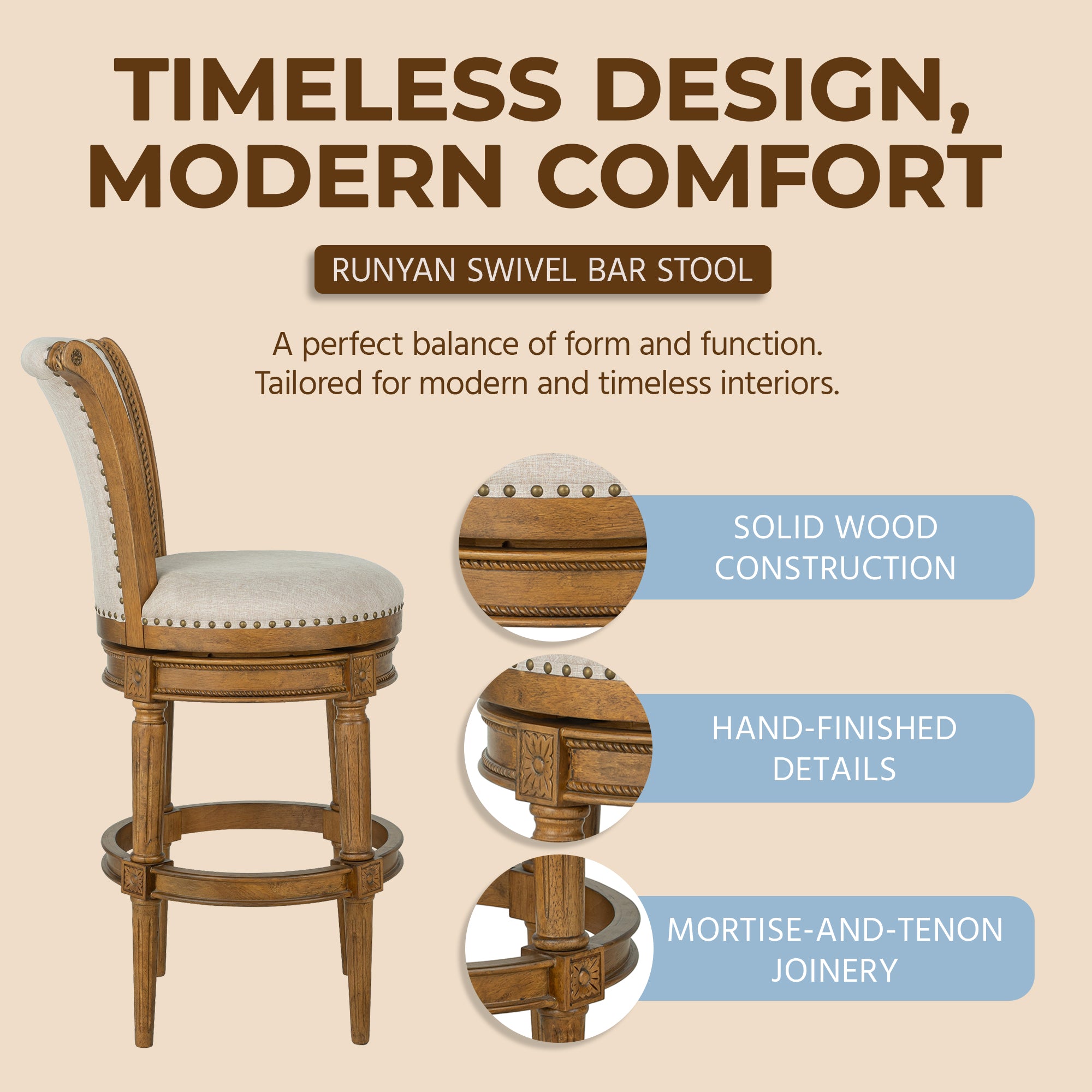 ROME + OAK Runyan 31" Swivel Bar Stool in Weathered Oak with Sand Fabric Seat - VMInnovations