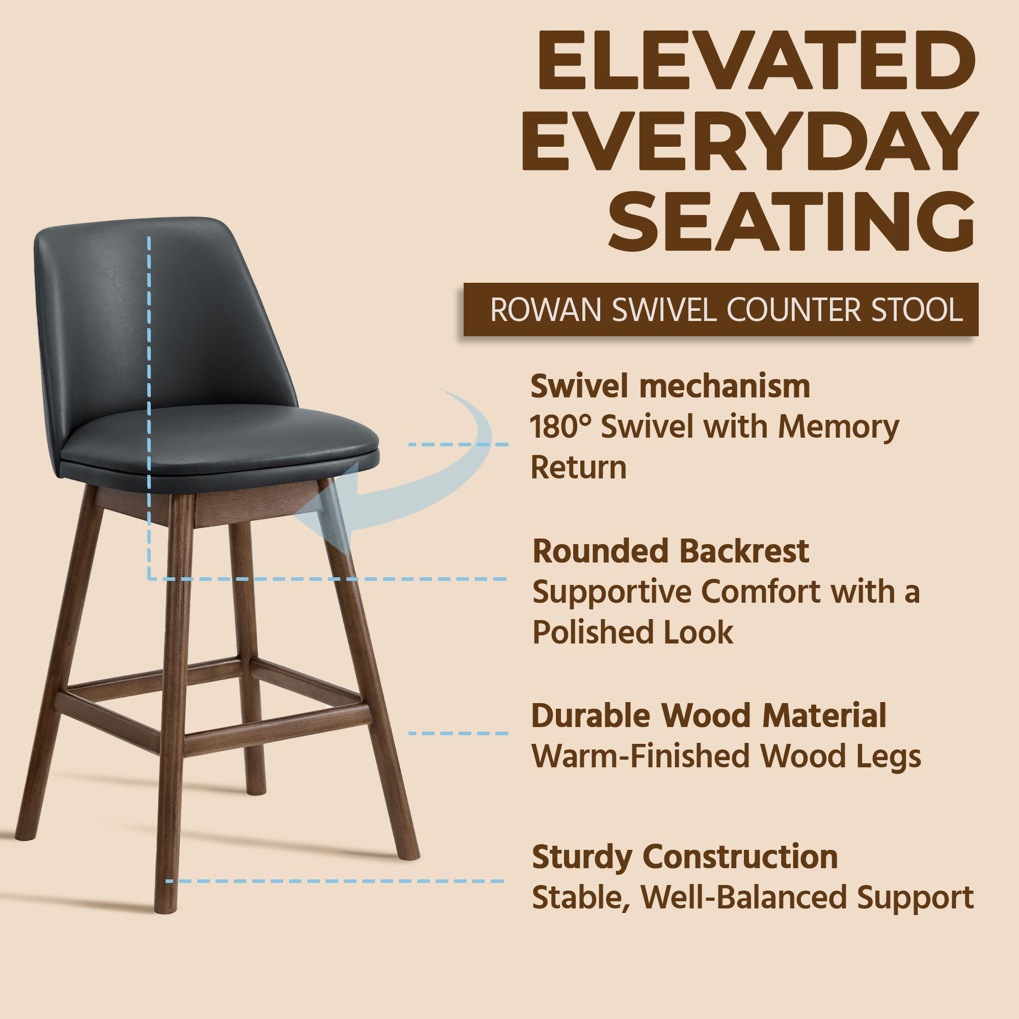ROME + OAK Rowan 26" Swivel Counter Stool, Walnut, Black Vegan Leather, Set of 2