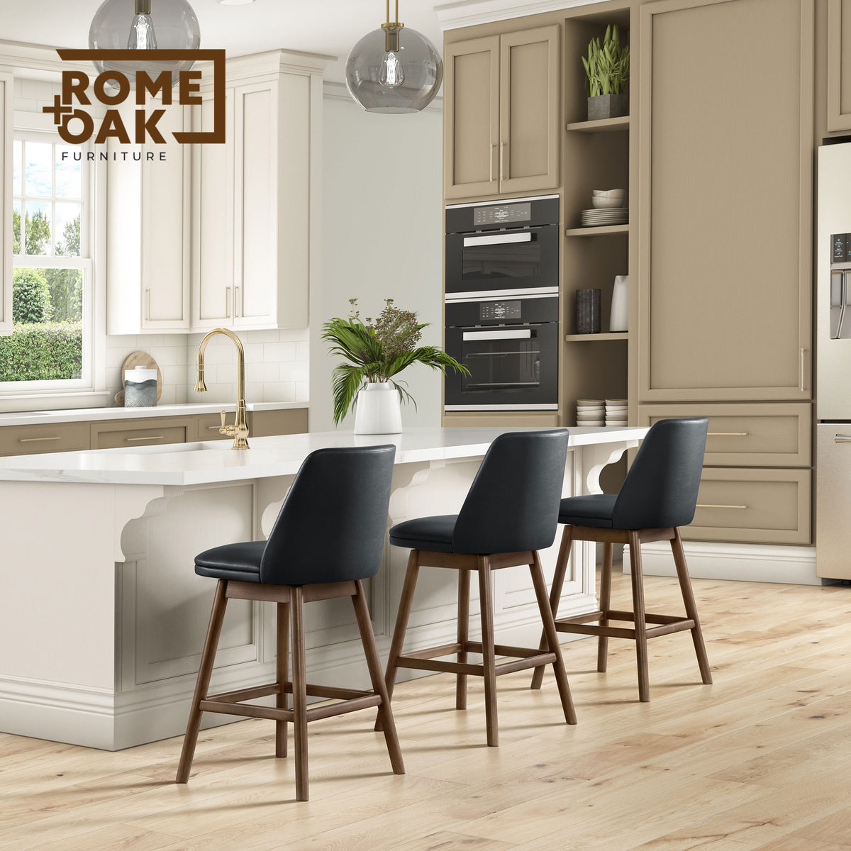 ROME + OAK Rowan 26" Swivel Counter Stool, Walnut, Black Vegan Leather, Set of 2
