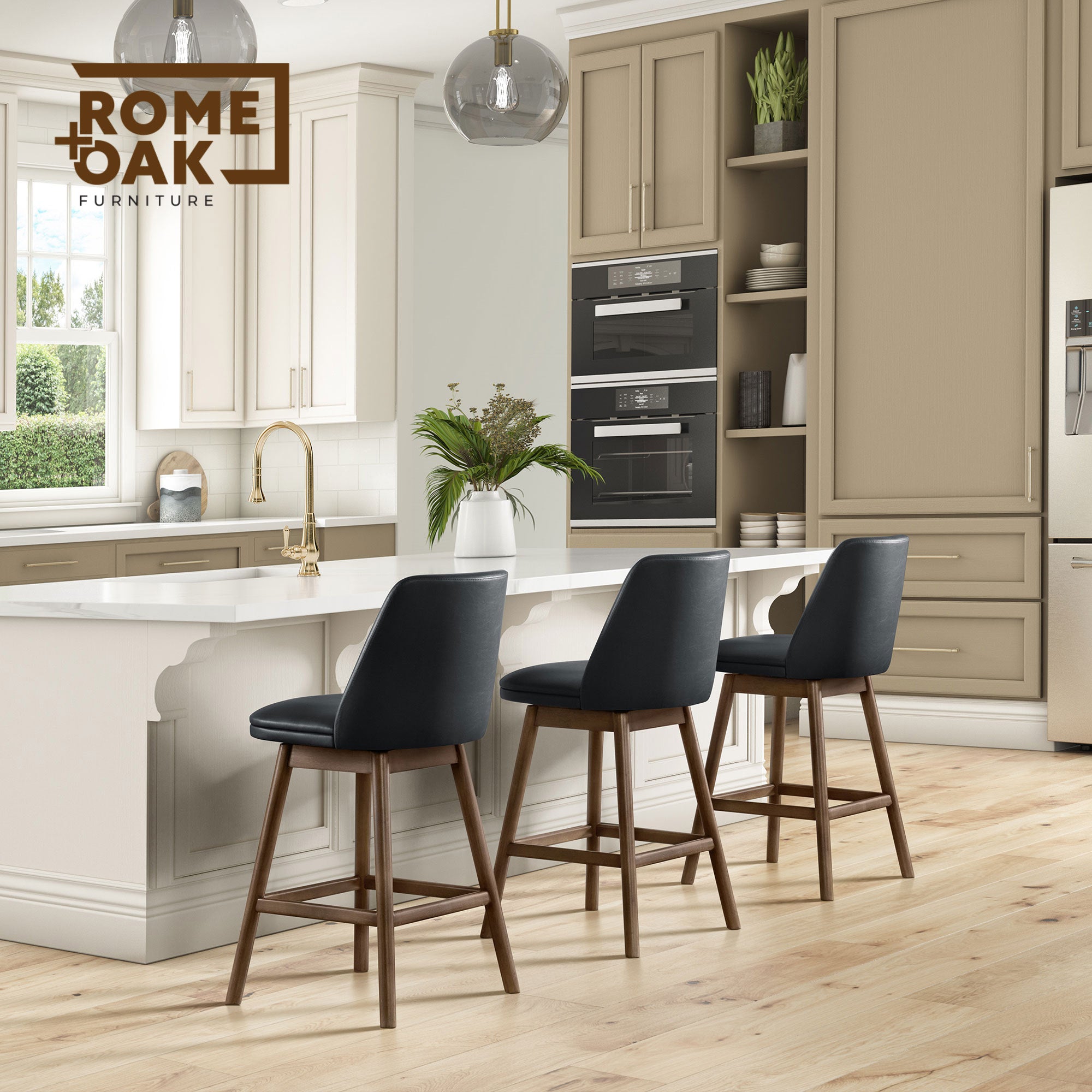ROME + OAK Rowan 26" Swivel Counter Stool, Walnut, Black Vegan Leather, Set of 3