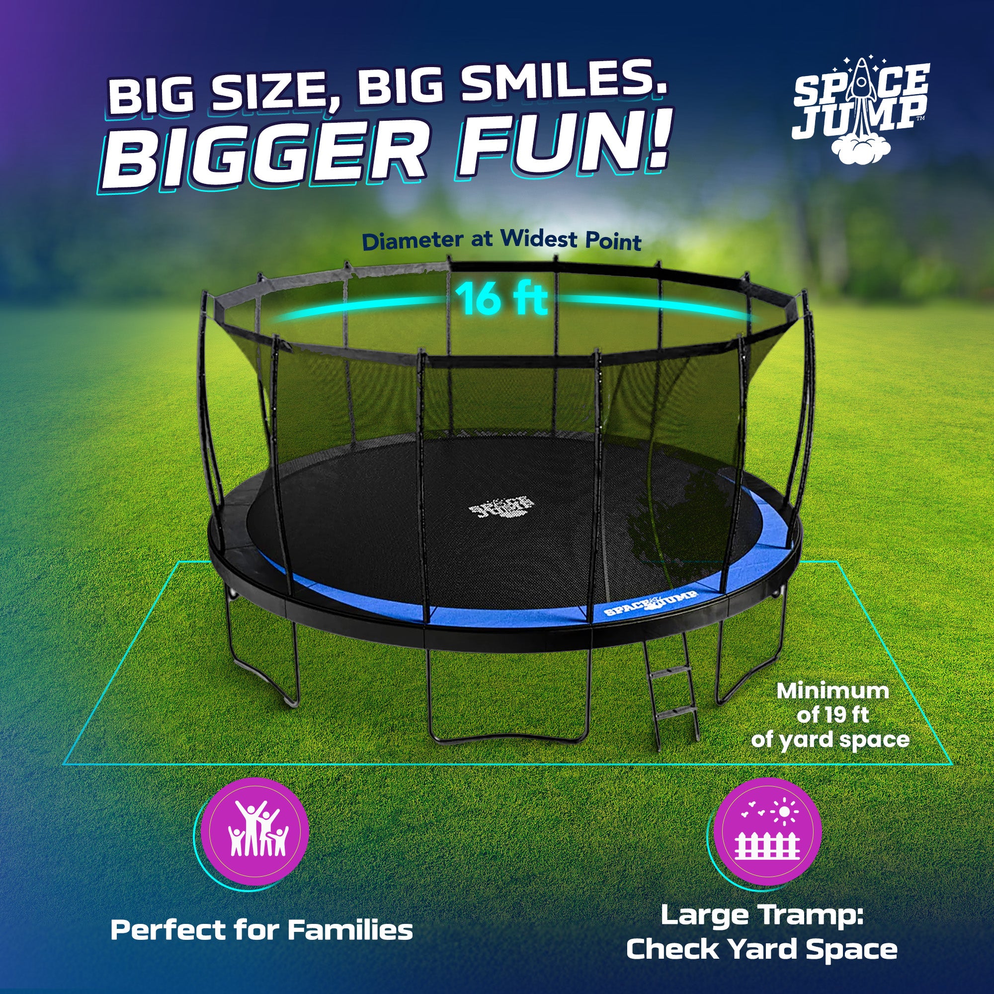 SpaceJump Lunar 16' Trampoline, Outdoor Ultimate Set with Slide, Hoop & Sprayer - VMInnovations