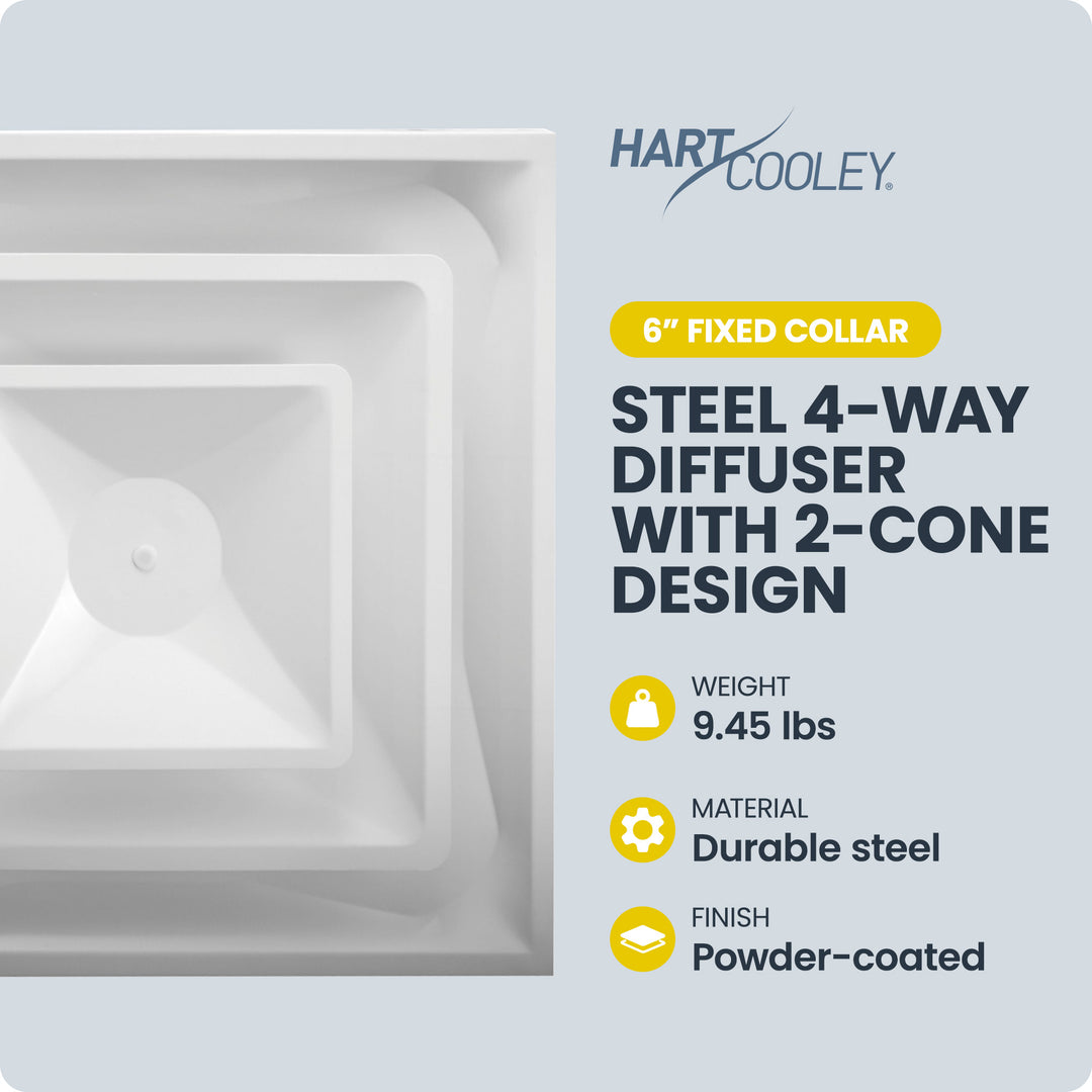 Hart & Cooley Steel 4-Way Diffuse with 2 Cone Design and 6 Inch Fixed Collar - VMInnovations