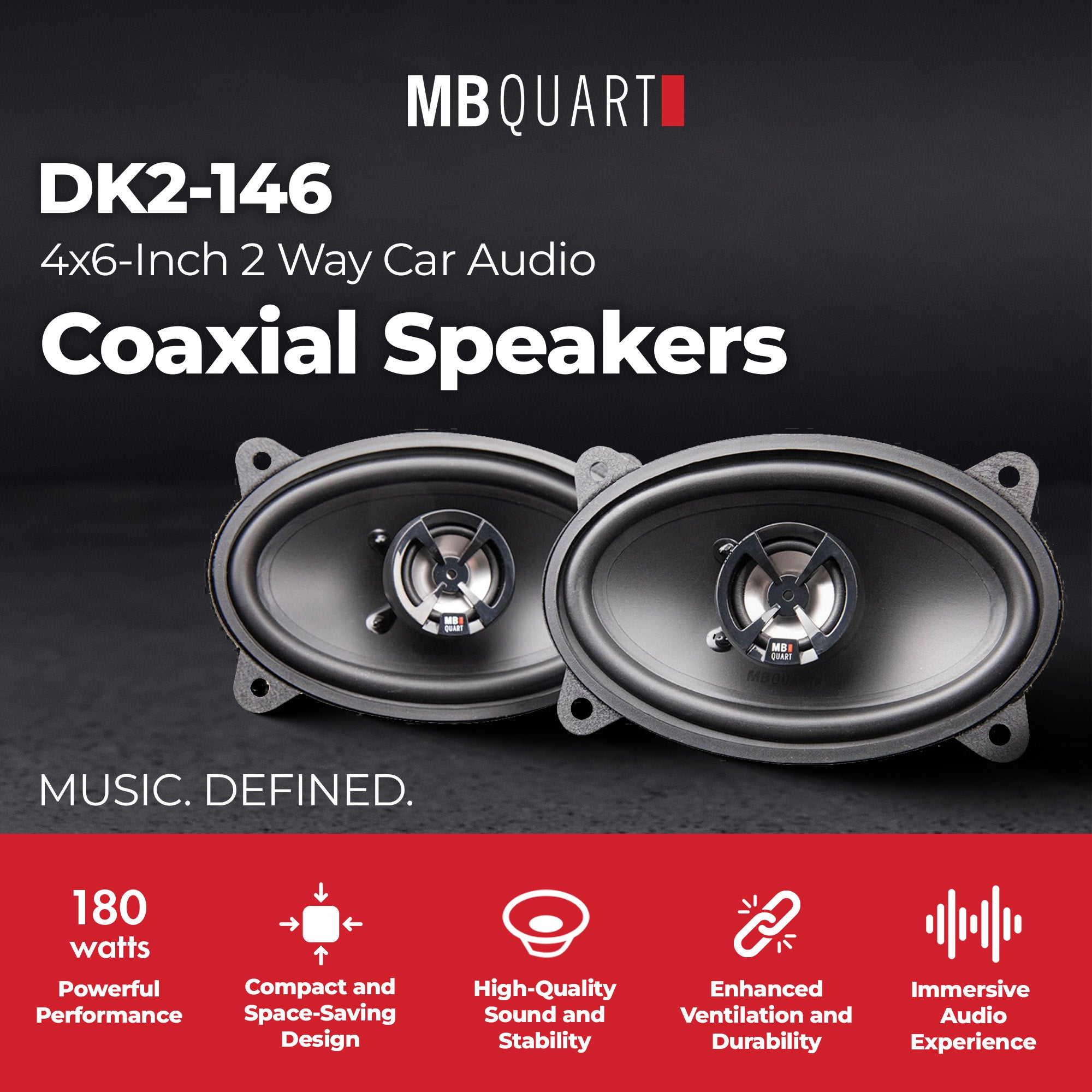 MB Quart 4x6-Inch 2 Way Car Audio Coaxial Speakers, 180W Peak Power, 88 dB, Pair - VMInnovations