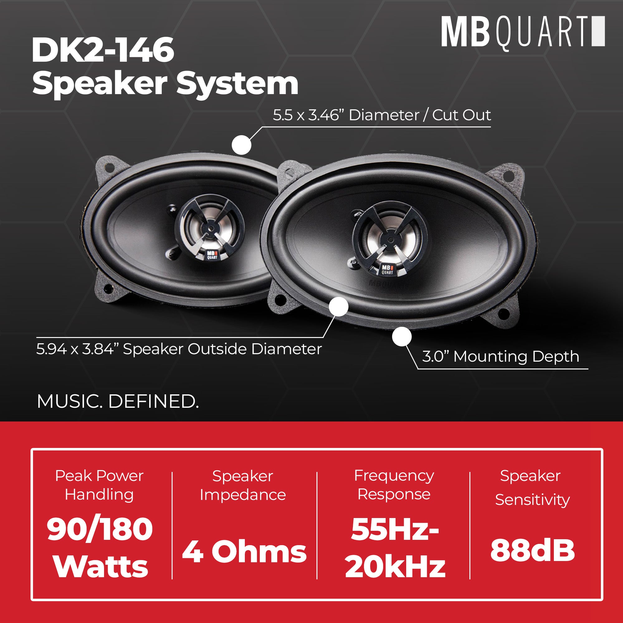 MB Quart 4x6-Inch 2 Way Car Audio Coaxial Speakers, 180W Peak Power, 88 dB, Pair - VMInnovations