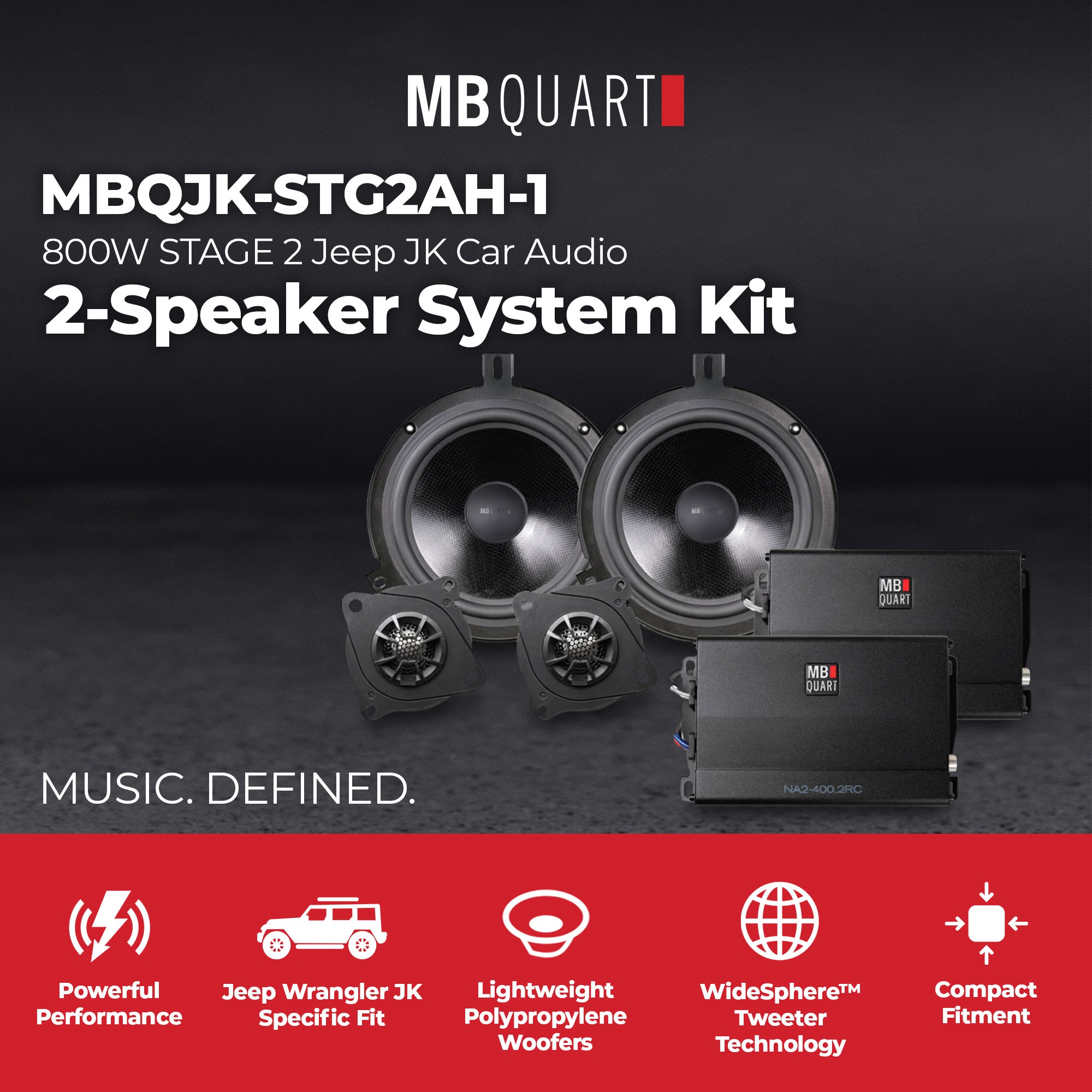 MB Quart MBQJK-STG2AH-1 800W STAGE 2 Jeep JK Car Audio 2-Speaker System Kit - VMInnovations