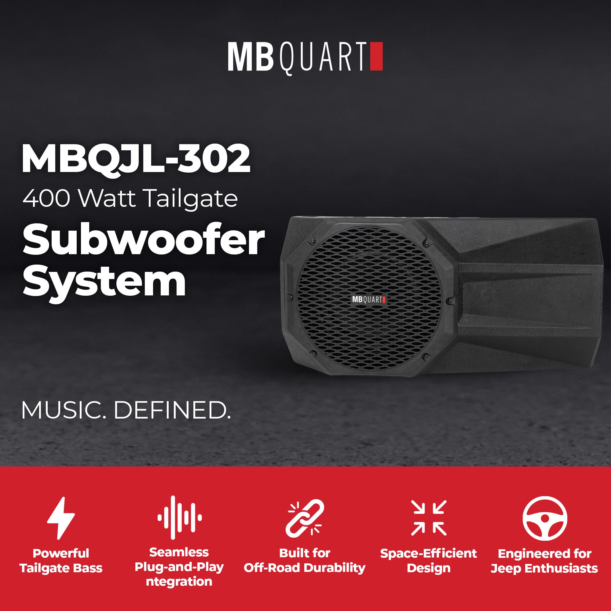 MB Quart MBQJL-302 400W Jeep JL Tailgate Powered Subwoofer Box with Amp and Bass - VMInnovations