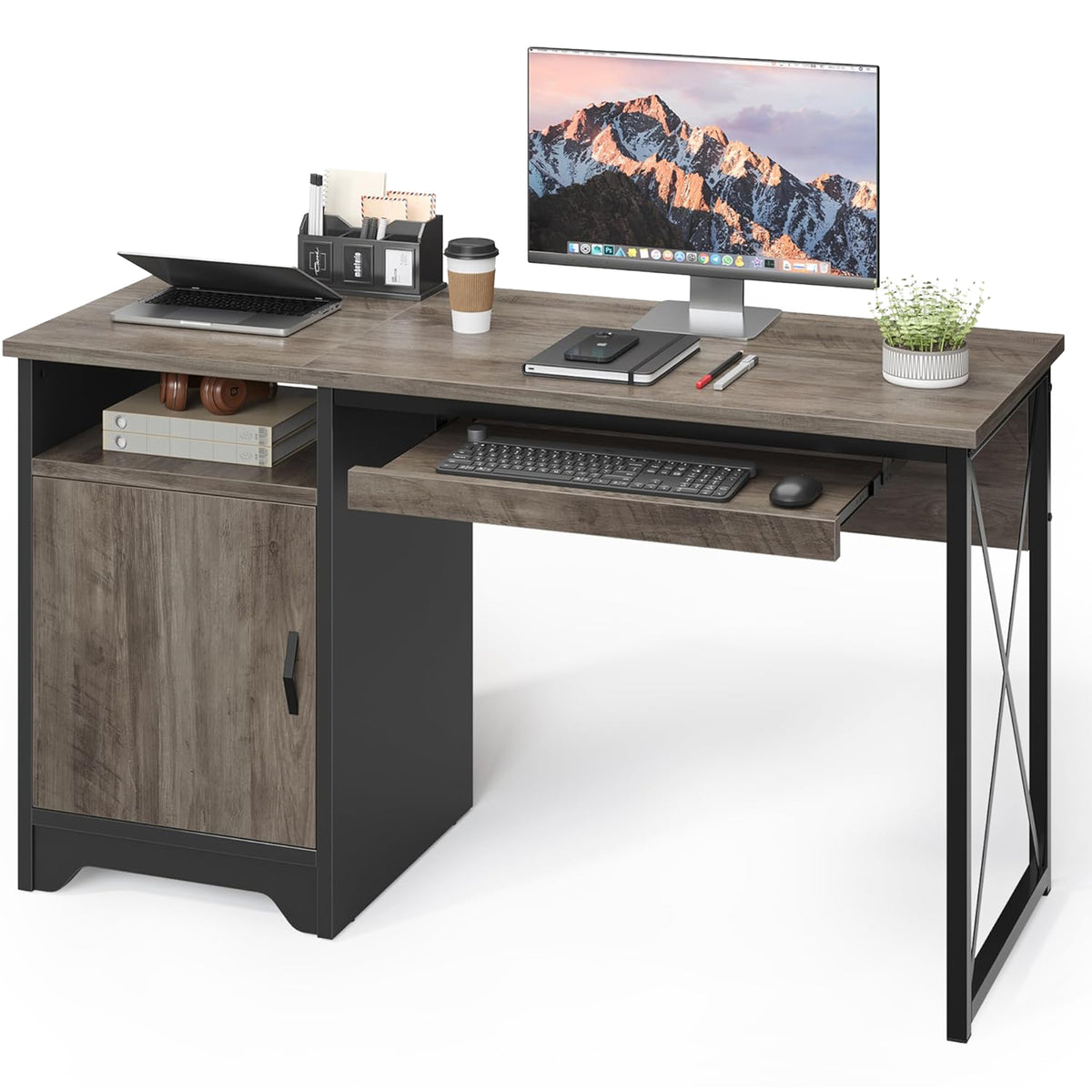 Bestier 47 inch Office Desk w/ Keyboard Tray & Storage Cabinet, Grey (Open Box)