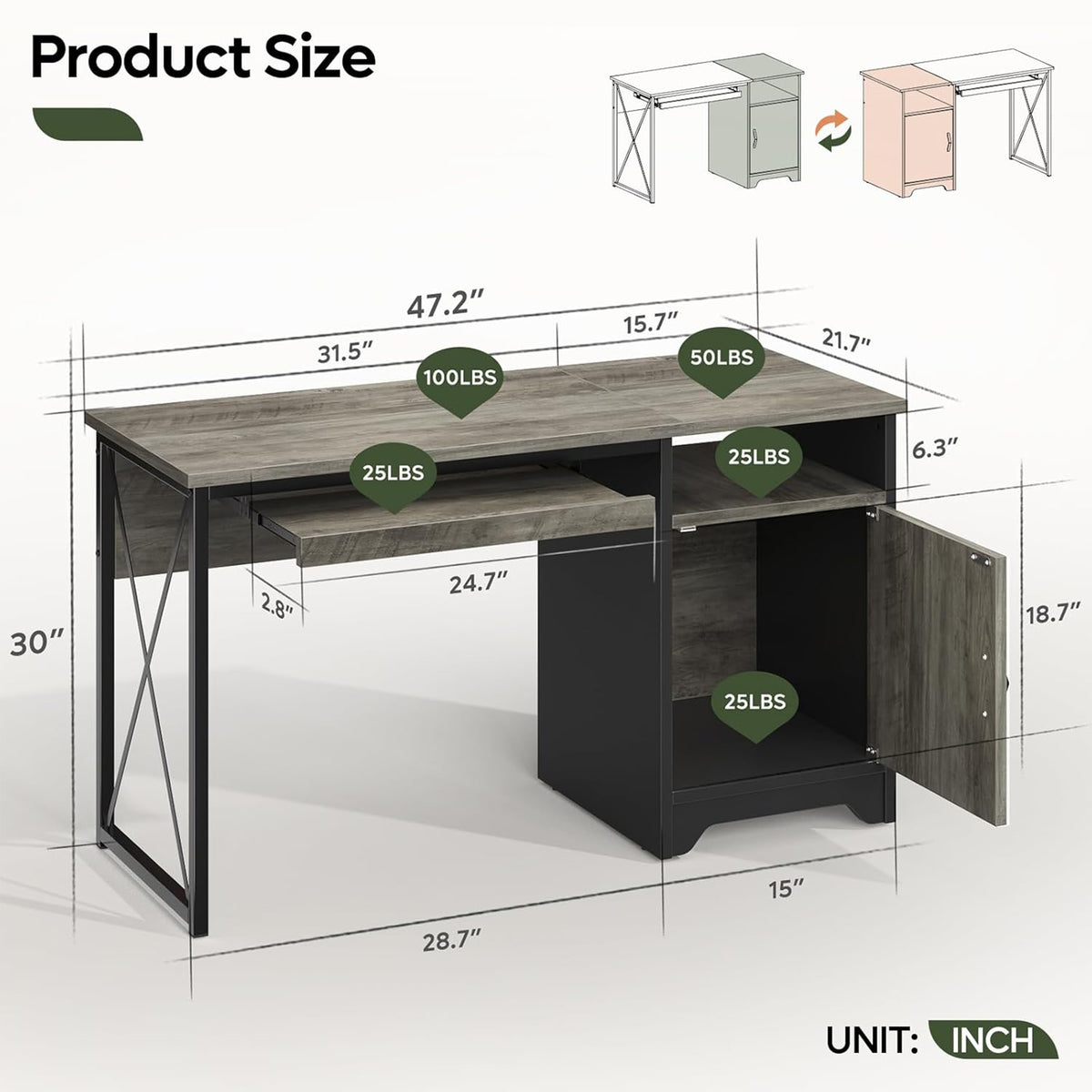 Bestier 47 inch Office Desk w/ Keyboard Tray & Storage Cabinet, Grey (Open Box)