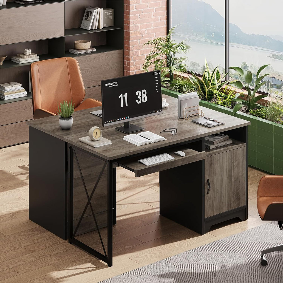 Bestier 47 inch Office Desk w/ Keyboard Tray & Storage Cabinet, Grey (Open Box)