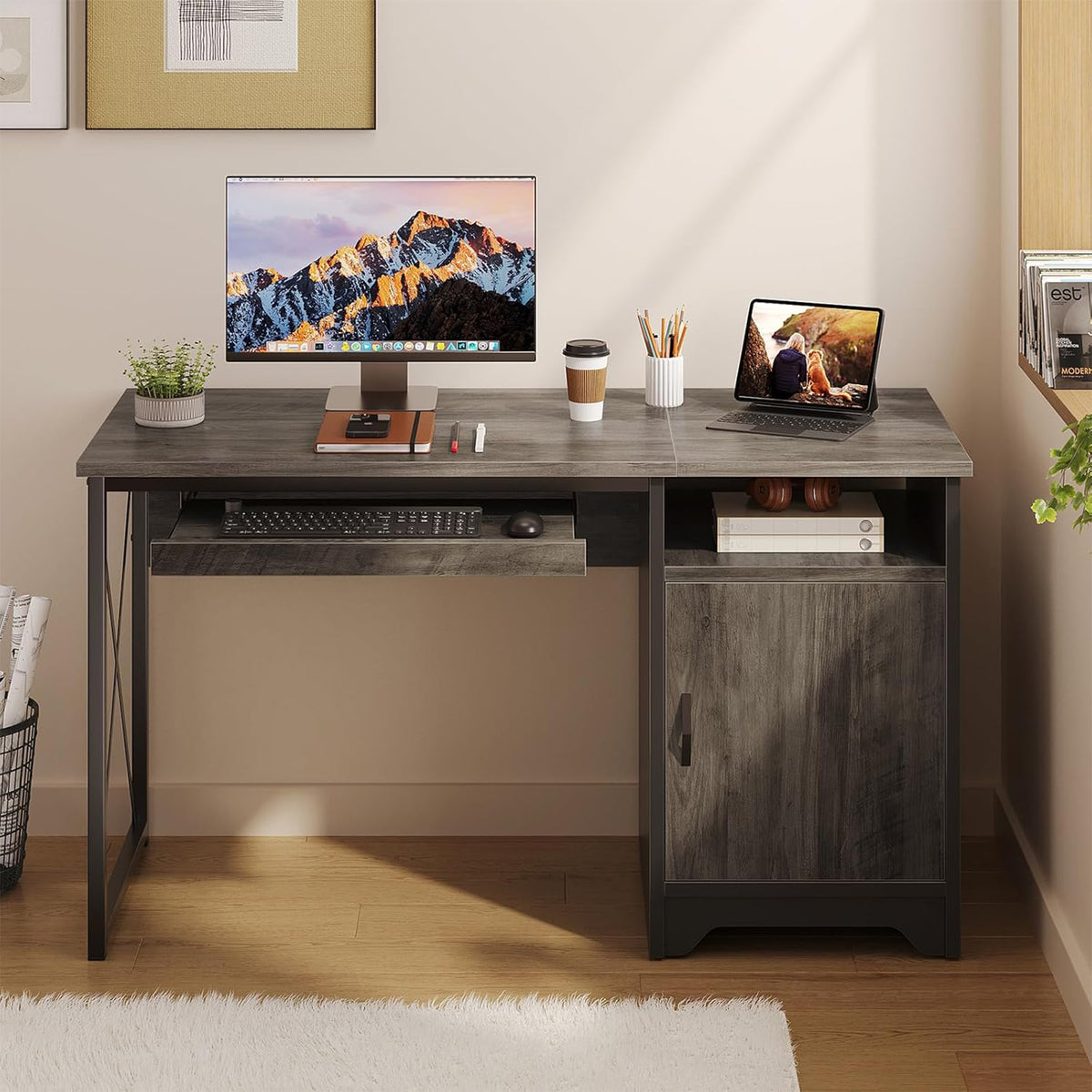 Bestier 47 inch Office Desk w/ Keyboard Tray & Storage Cabinet, Grey (Open Box)