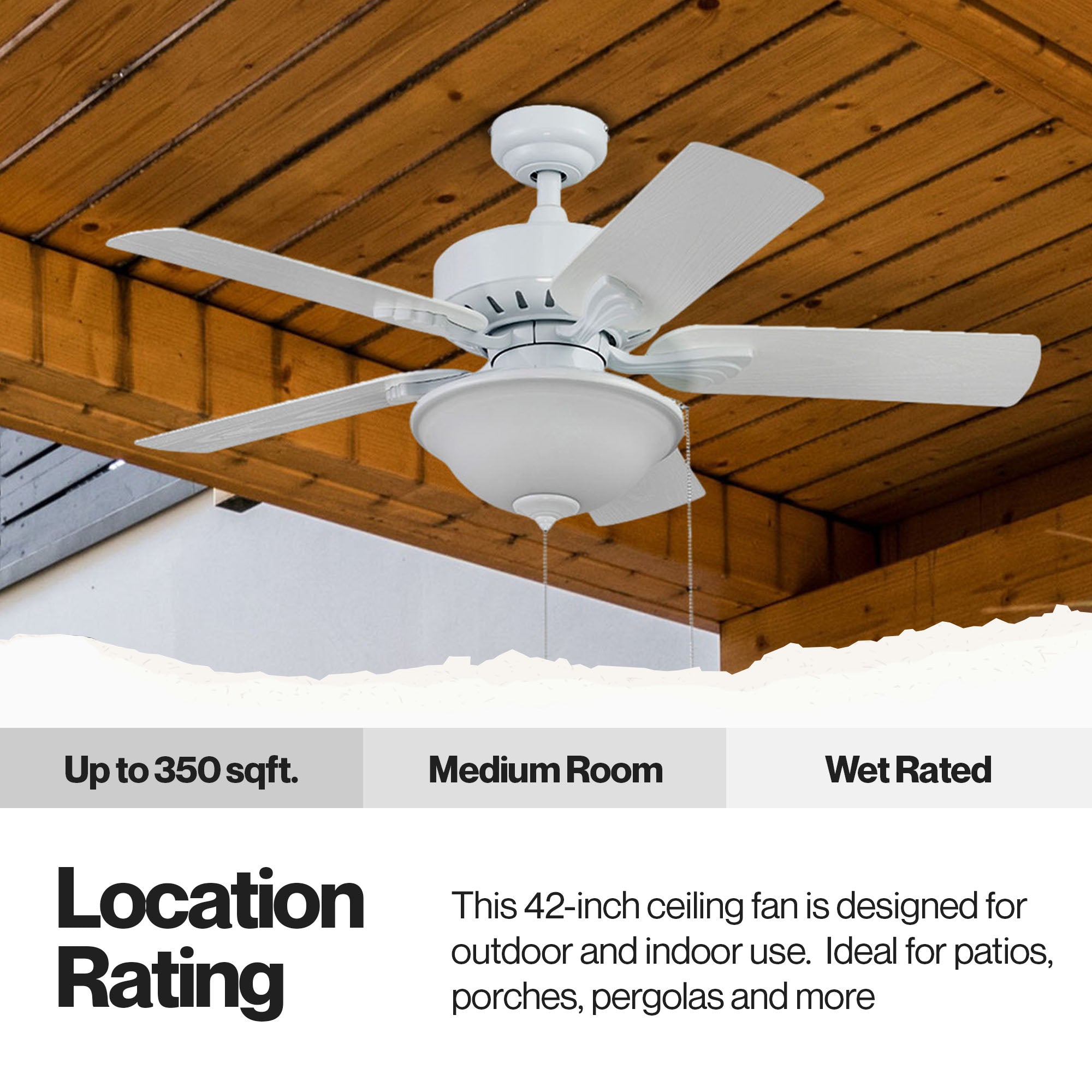 Portage Bay Viretta 42" Ceiling Fan with Light, Quiet Motor & Pull Chain, White