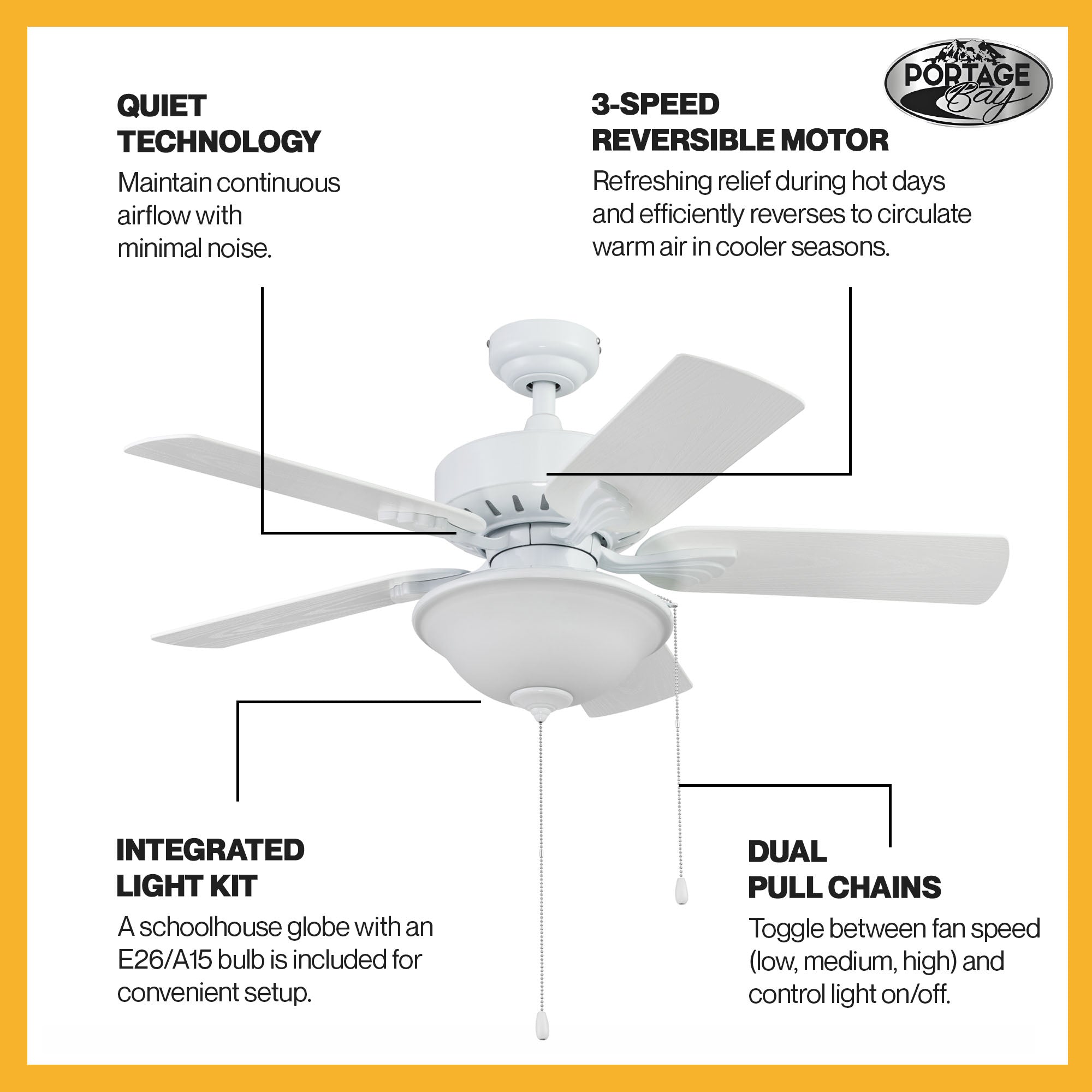 Portage Bay Viretta 42" Ceiling Fan with Light, Quiet Motor & Pull Chain, White