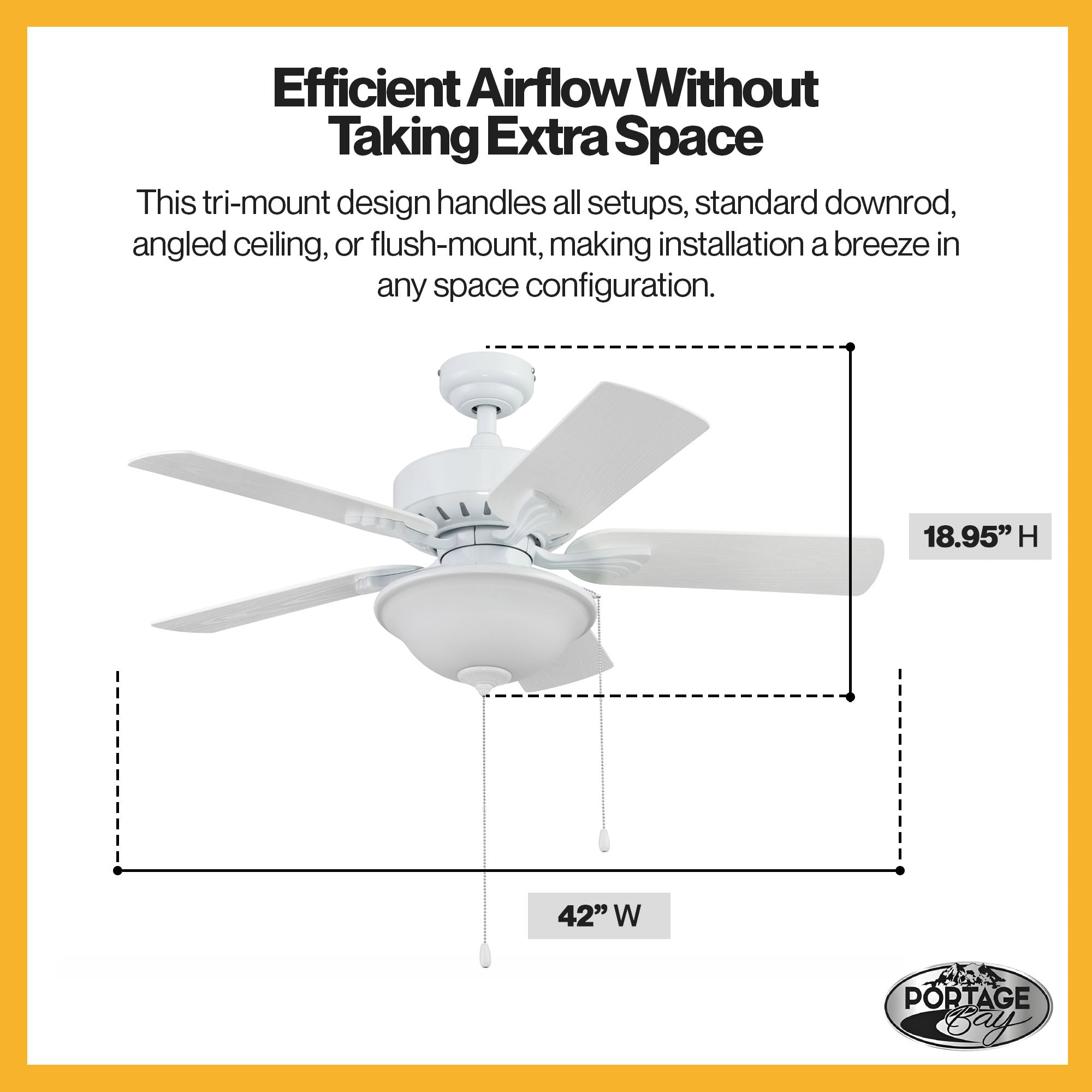 Portage Bay Viretta 42" Ceiling Fan with Light, Quiet Motor & Pull Chain, White