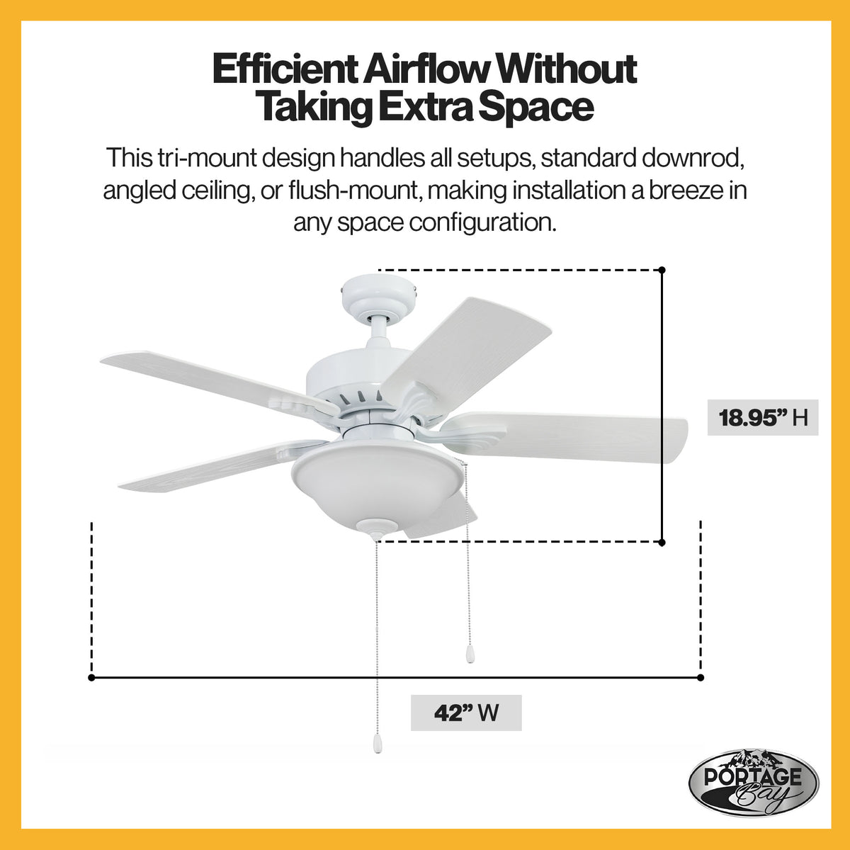 Portage Bay Viretta 42" Ceiling Fan with Light, Quiet Motor & Pull Chain, White