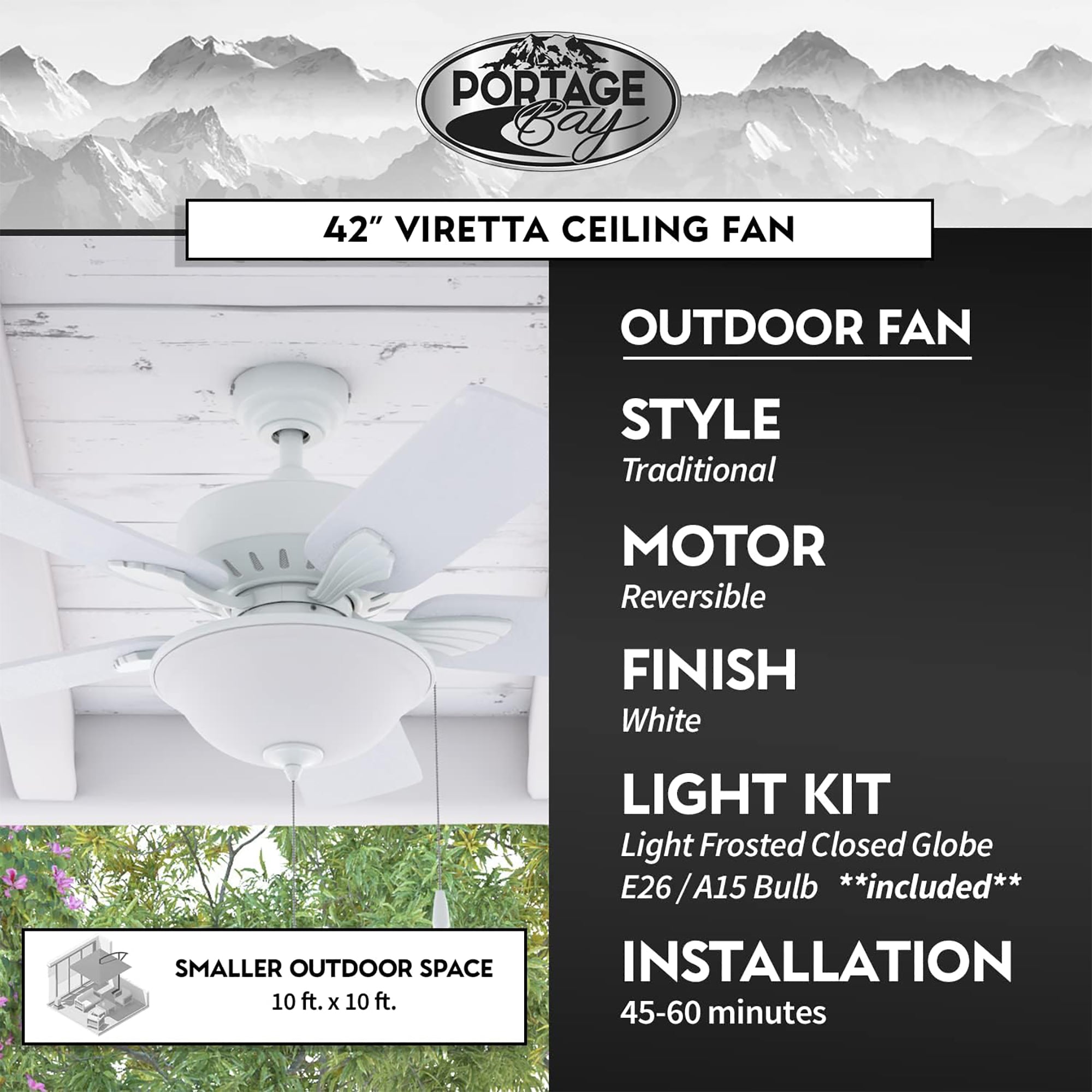 Portage Bay 42" Ceiling Fan w/Light, Quiet Motor & Pull Chain, White (Open Box) - VMInnovations
