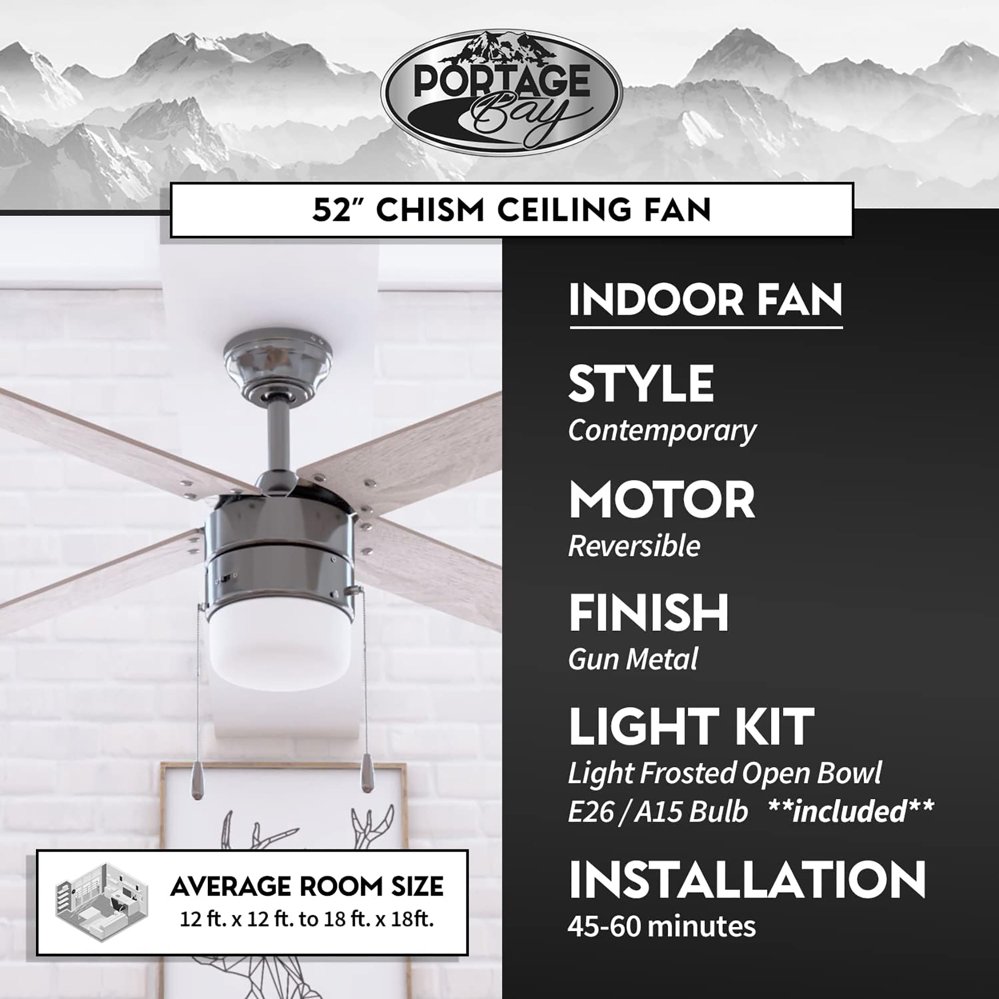 Portage Bay Chism 52" Ceiling Fan w/ Light, Quiet Motor & Pull Chain (Open Box) - VMInnovations