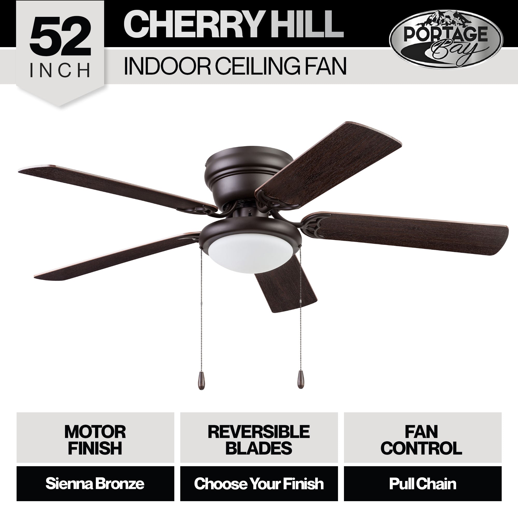 Portage Bay Cherry Hill 52" Ceiling Fan, Quiet Motor & Pull Chain, (Open Box)