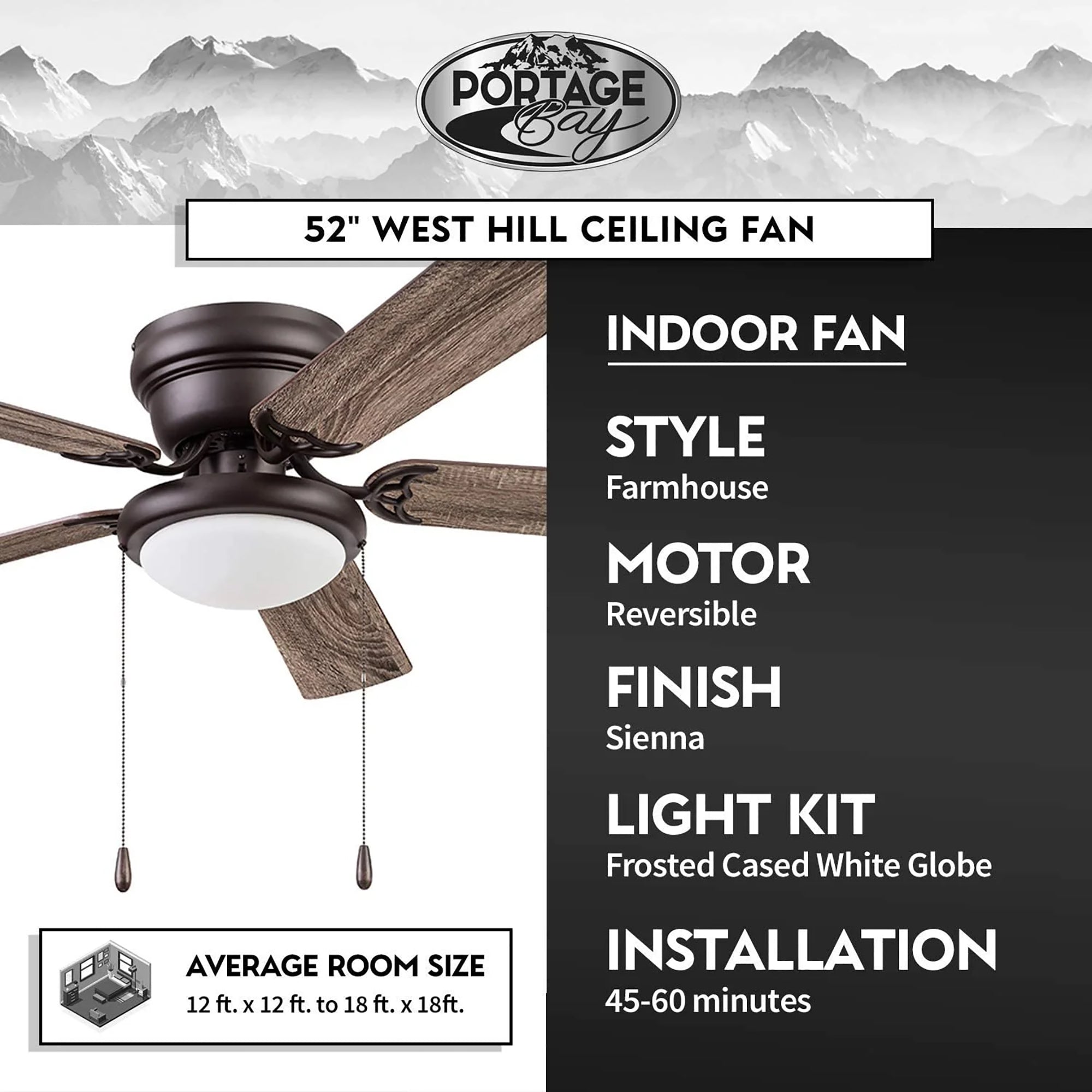 Portage Bay Cherry Hill 52" Ceiling Fan, Quiet Motor & Pull Chain, (Open Box)