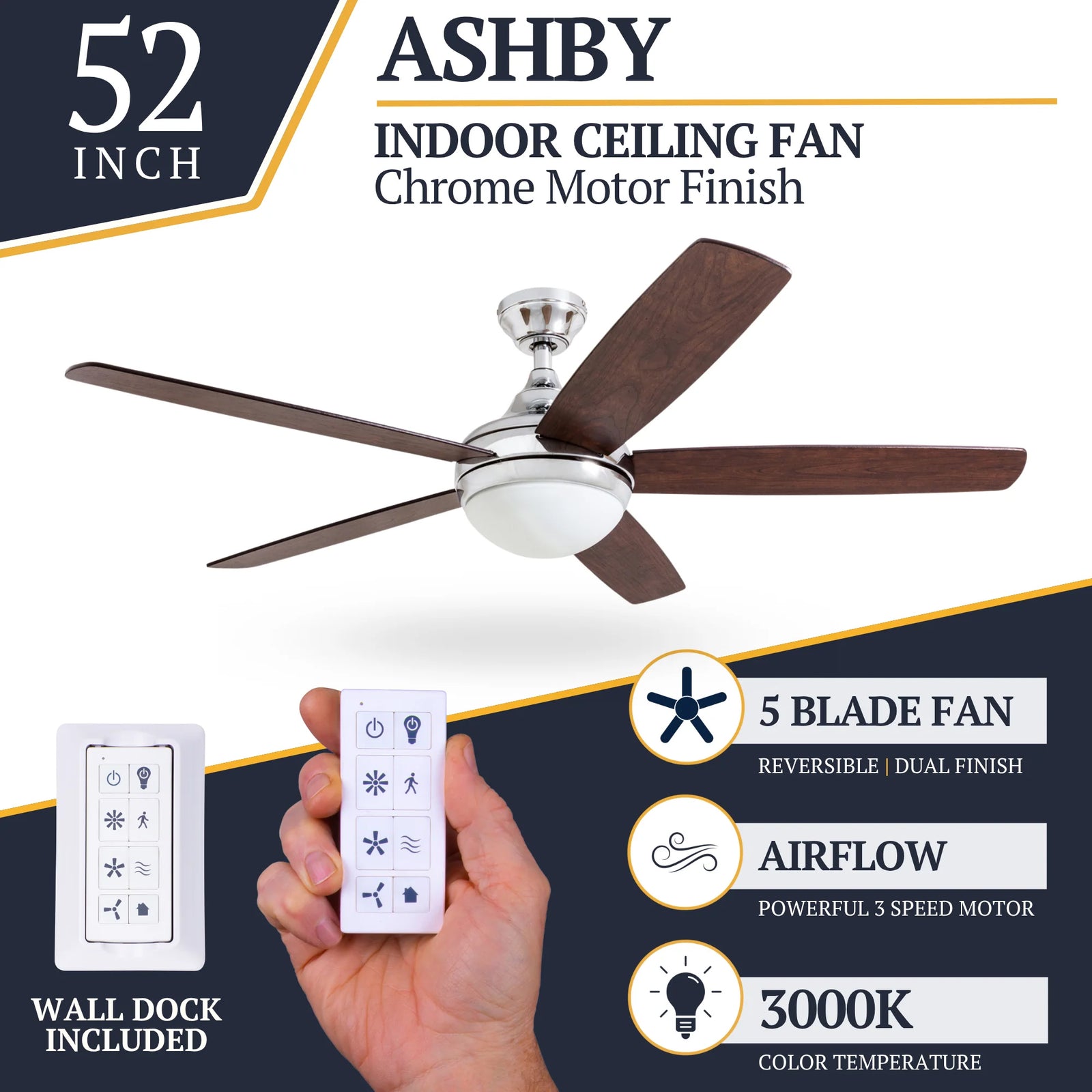 Prominence Home Ashby 52" Ceiling Fan w/Light, Remote, & 5 Blades, Oak/Chrome - VMInnovations