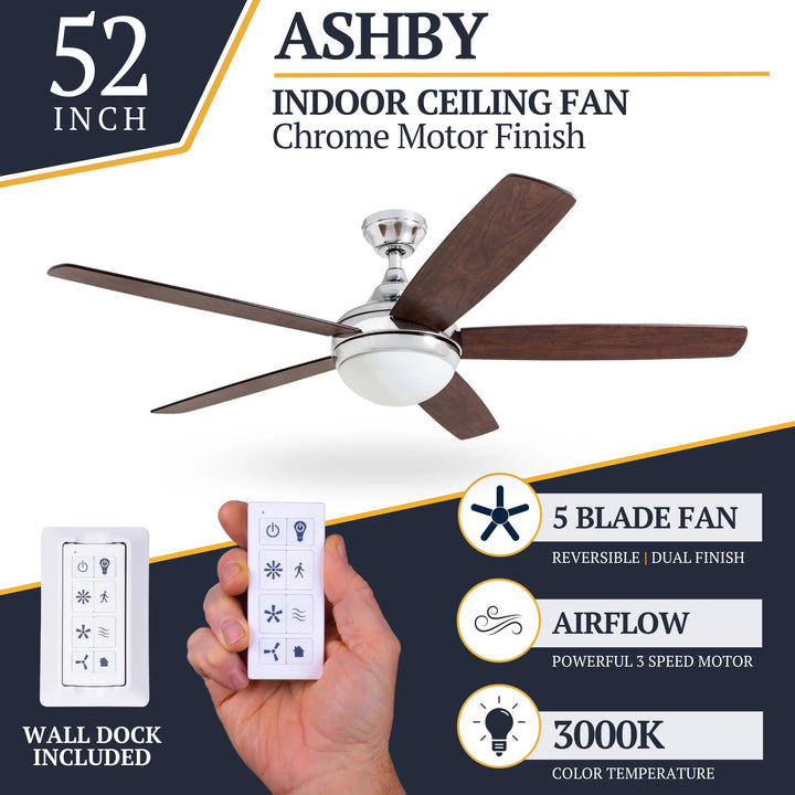Prominence Home Ashby 52" Ceiling Fan w/Light, Remote, & 5 Blades, Oak/Chrome - VMInnovations