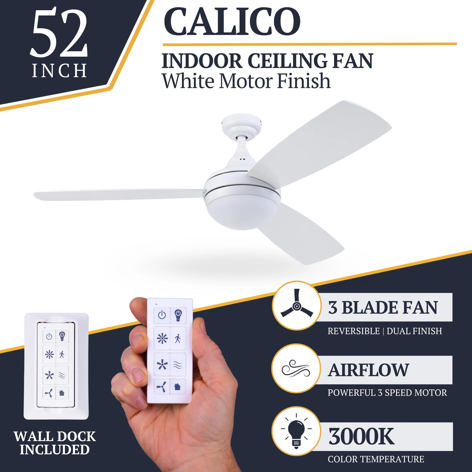 Prominence Home Kailani 52" LED Ceiling Fan, Dual Blades, Pull Chain, White - VMInnovations
