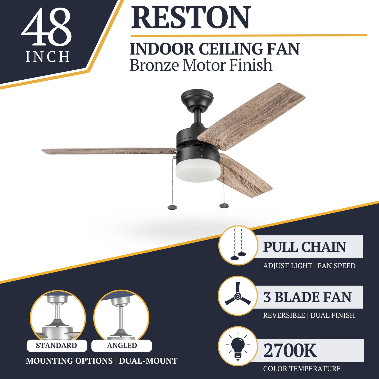 Prominence Home 48" Reston Ceiling Fan with Light, Pull Chain & 3 Blades, Bronze - VMInnovations