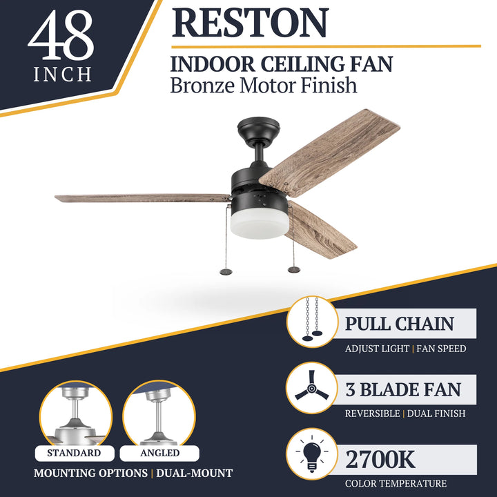 Prominence Home 48" Reston Ceiling Fan with Light, Pull Chain & 3 Blades, Bronze - VMInnovations
