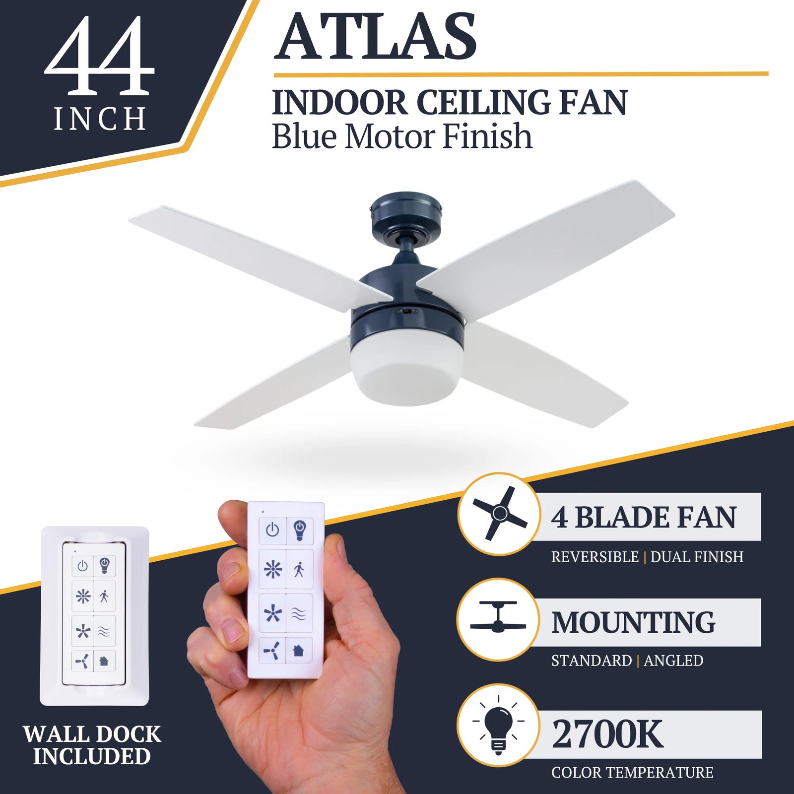 Prominence Home 44" Atlas LED Ceiling Fan with Light, Remote and 4 Blades, Blue - VMInnovations