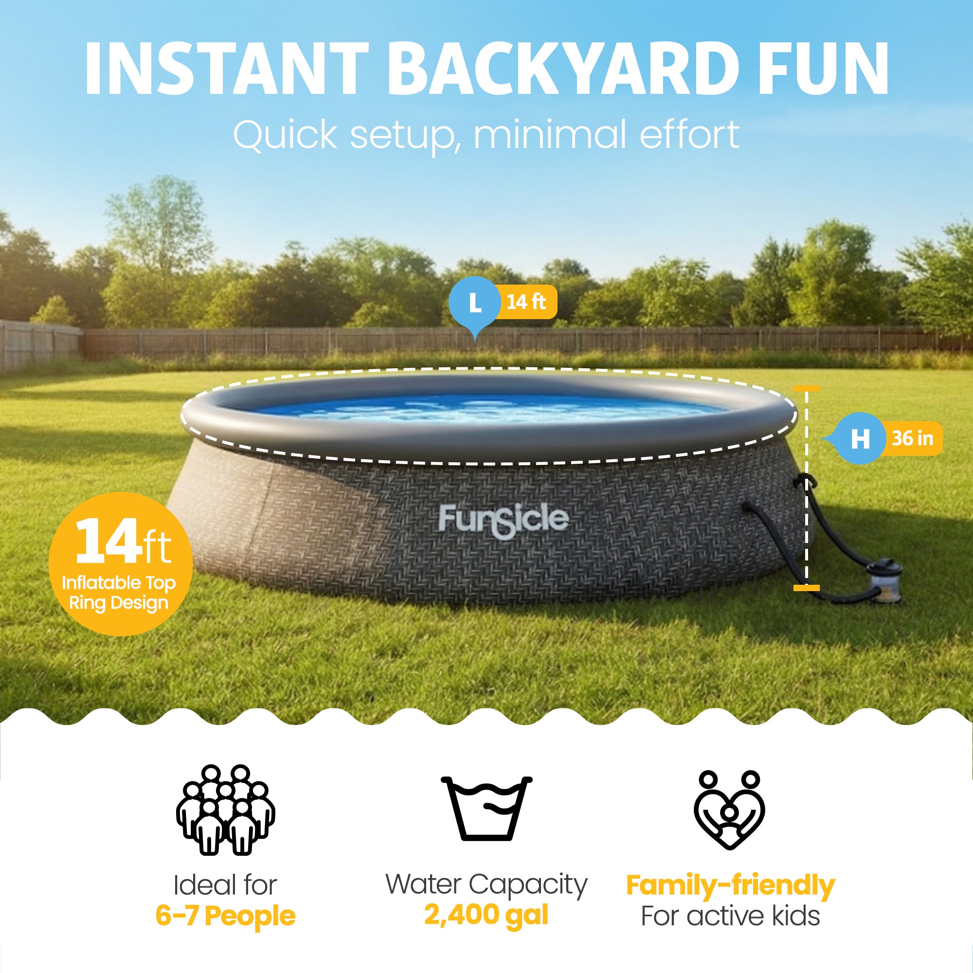 Funsicle 14' x 36" QuickSet Ring Top Above Ground Swimming Pool Dark Herringbone