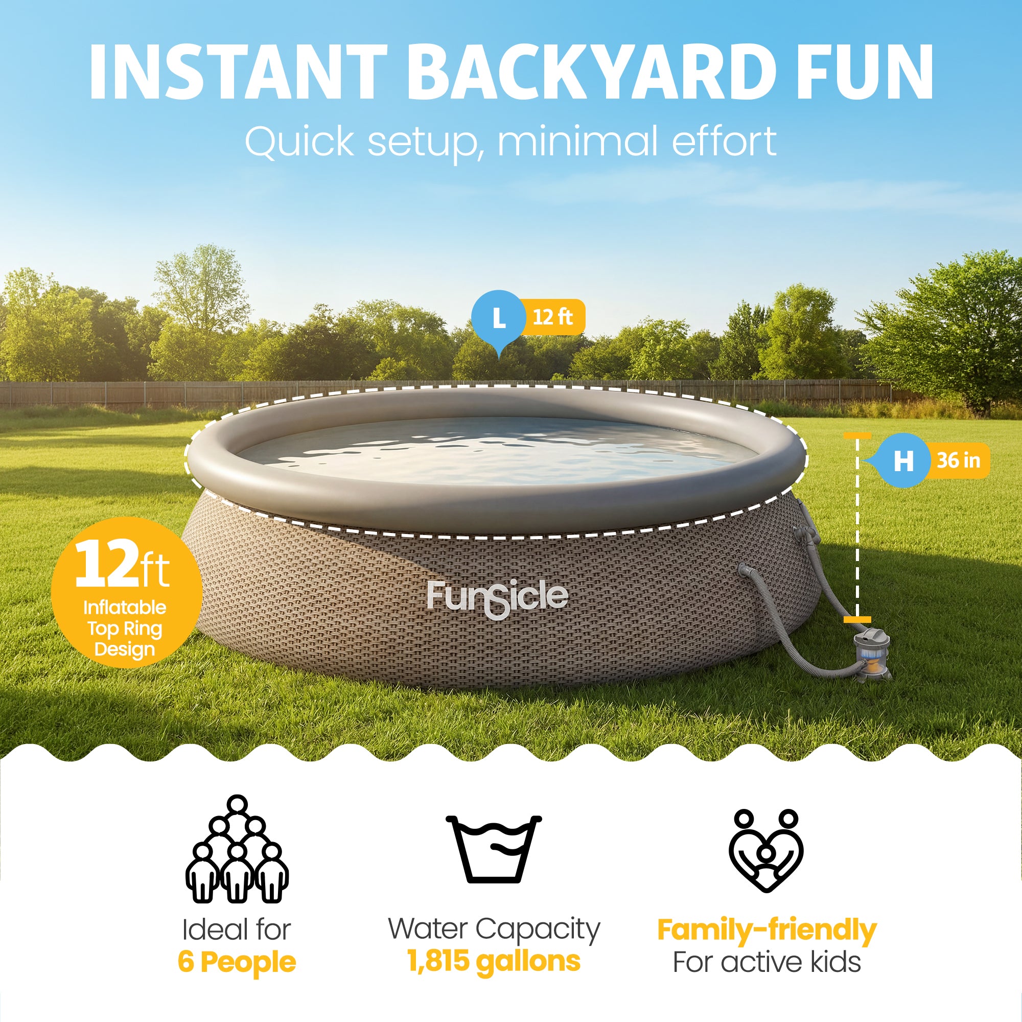 Funsicle 12' x 36" QuickSet Ring Top Above Ground Swimming Pool, Basketweave - VMInnovations