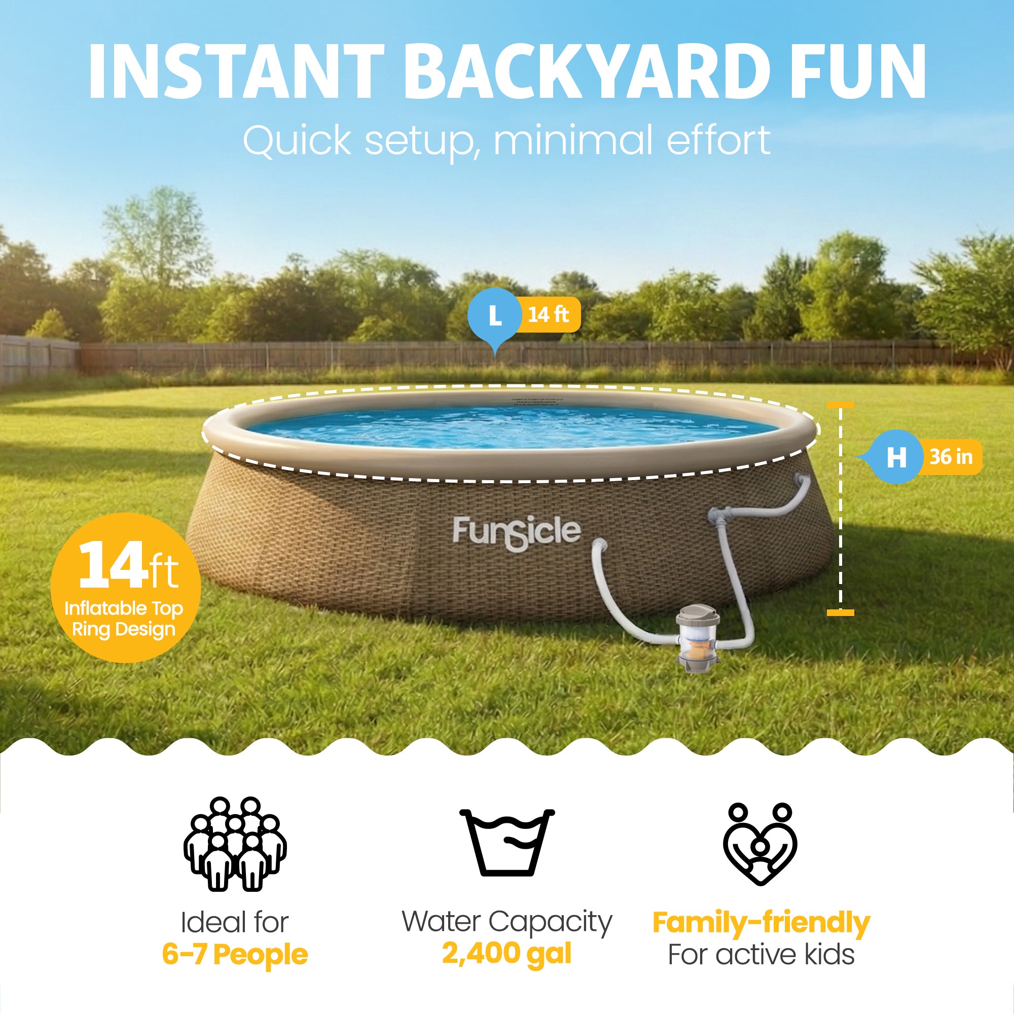 Funsicle 14' x 36" QuickSet Inflatable Ring Top Outdoor Above Ground Pool w/Pump