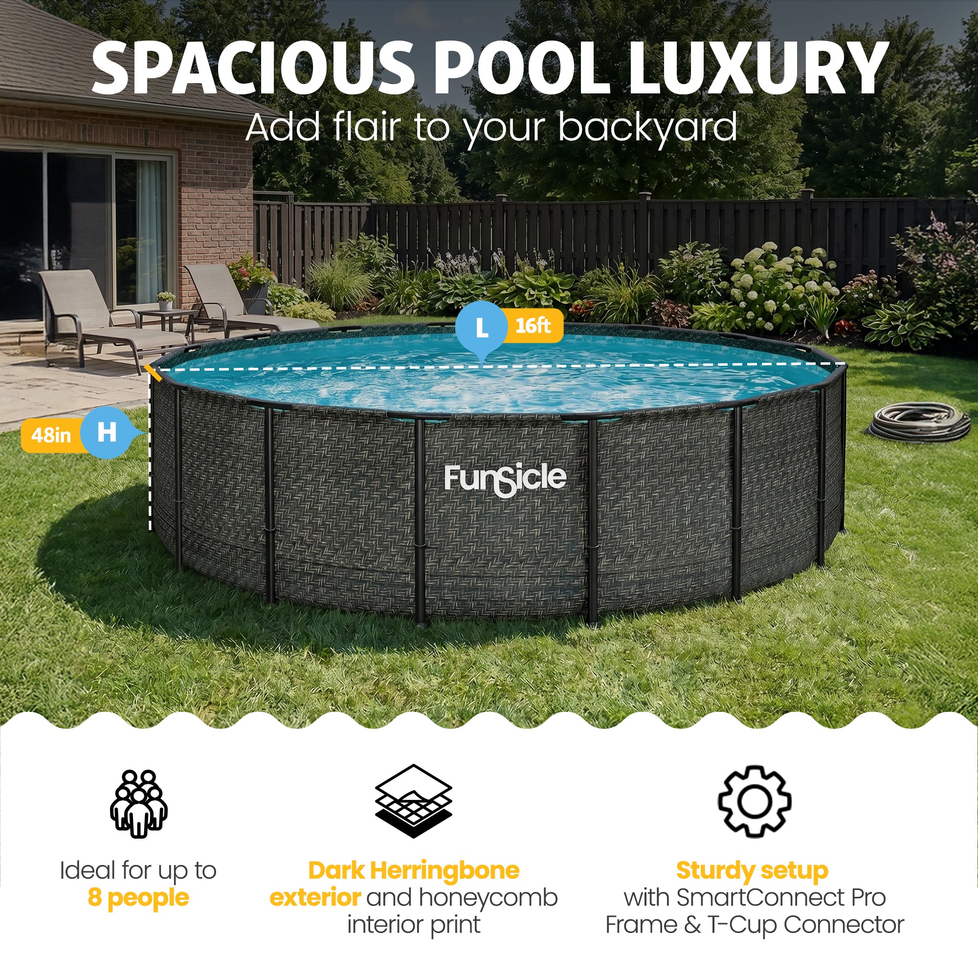 Funsicle Oasis Designer Round Above Ground Pool, Dark Herringbone (For Parts)