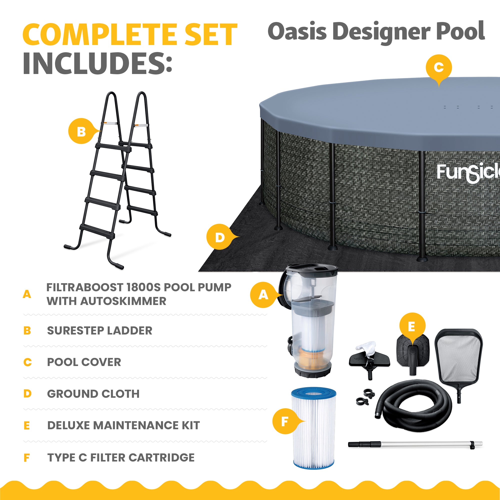 Funsicle Oasis Designer Round Above Ground Pool, Dark Herringbone (For Parts)