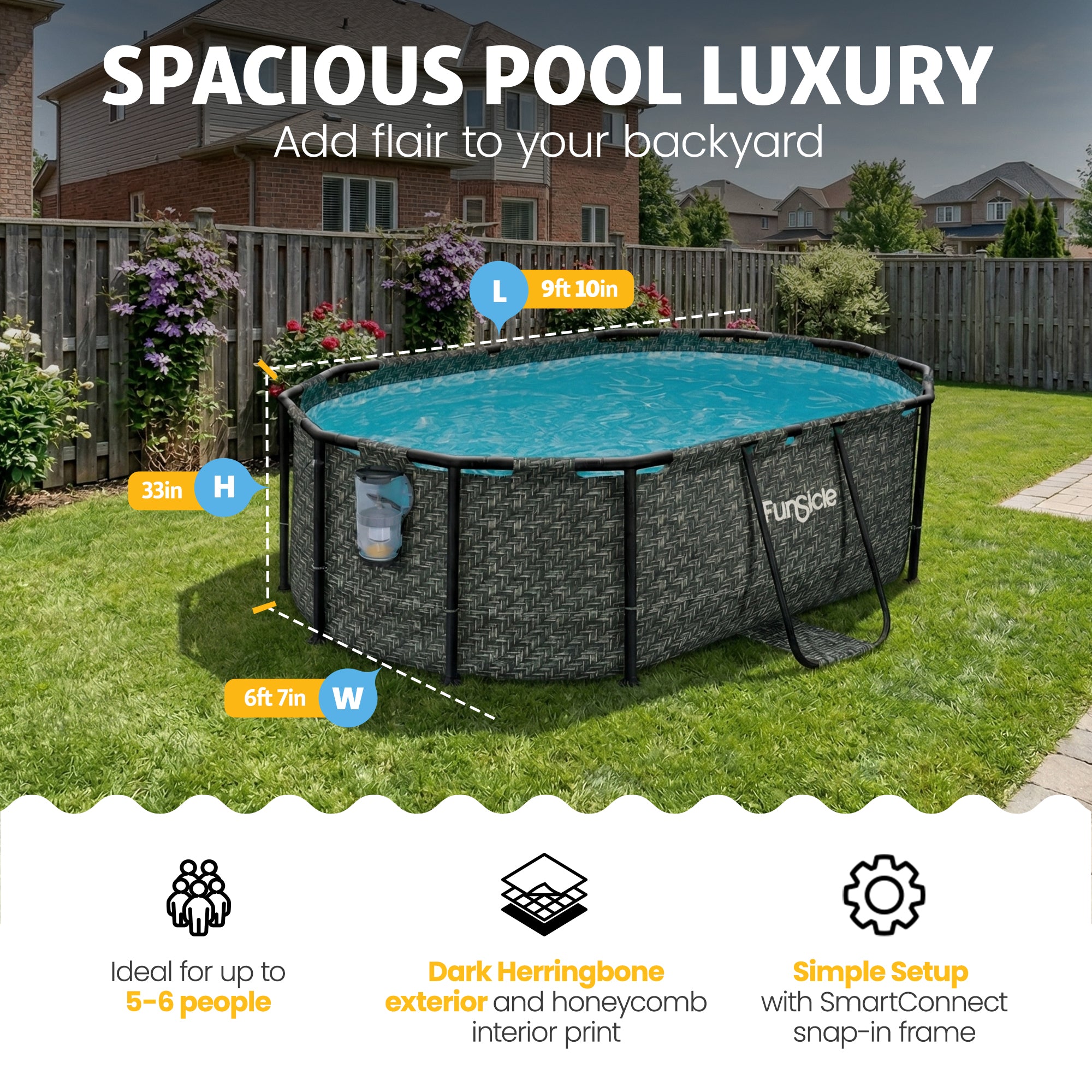 Funsicle 9'10" Oasis Designer Oval Above Ground Pool w/ Pump, Dark Herringbone - VMInnovations