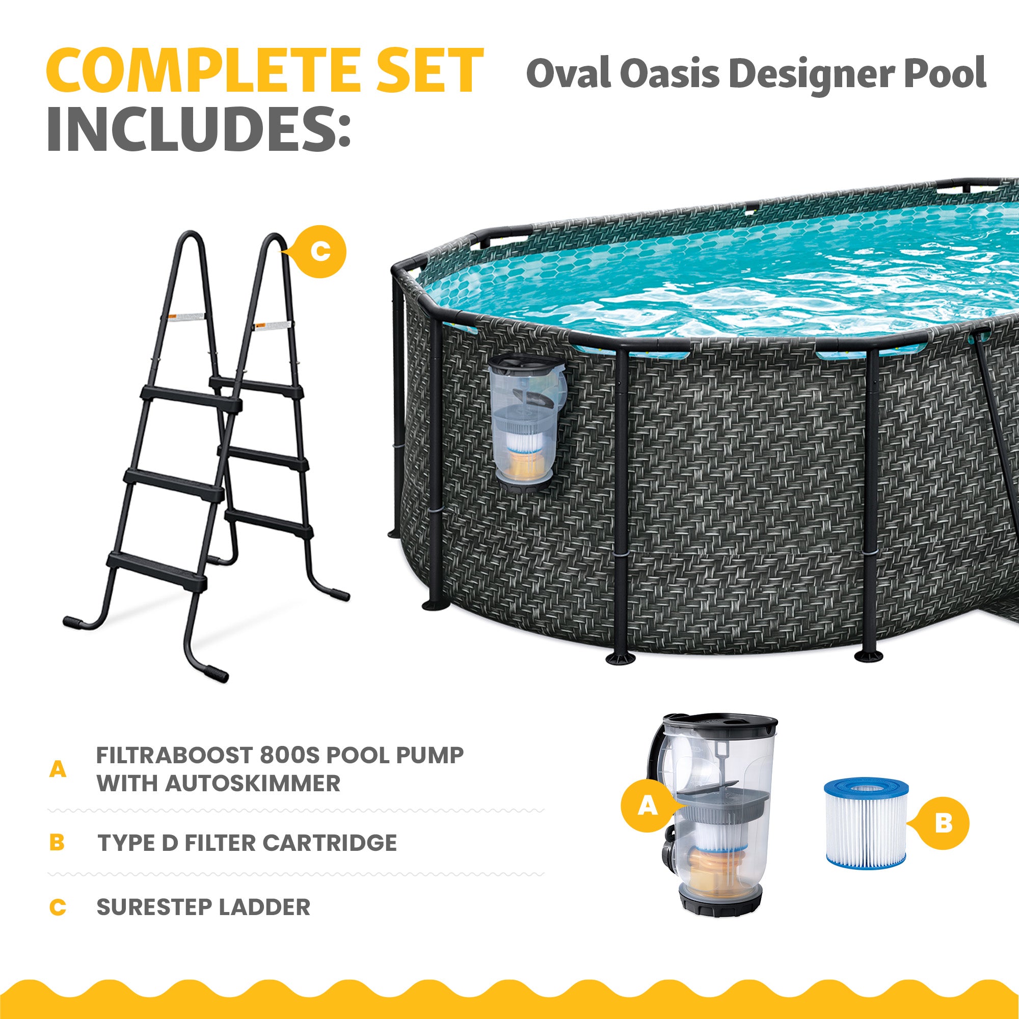 Funsicle 13'11" Oasis Designer Oval Above Ground Pool w/ Pump, Dark Herringbone