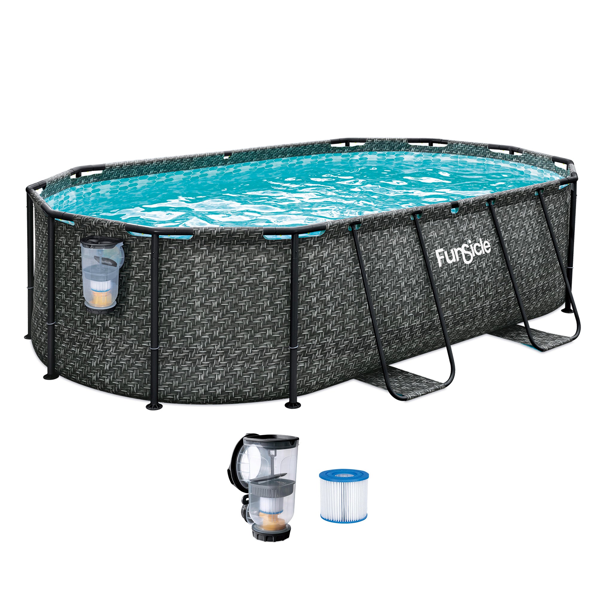 Funsicle 13'11" Oasis Designer Oval Above Ground Pool w/ Pump, Dark Herringbone