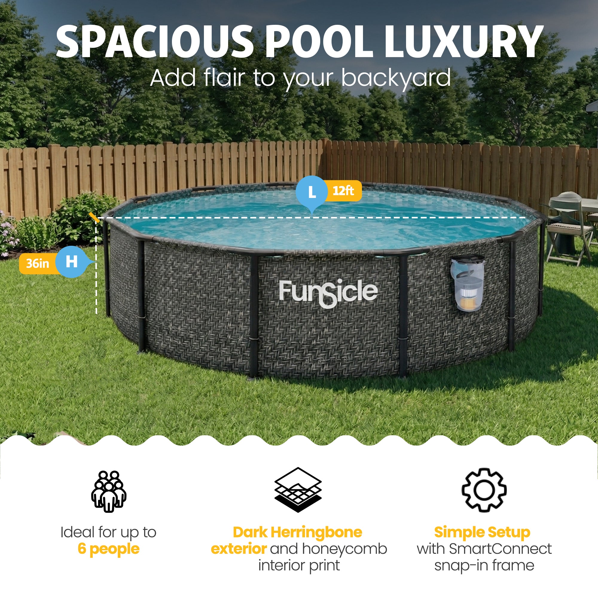 Funsicle 12' x 36" Oasis Designer Above Ground Pool, Dark Herringbone (Open Box) - VMInnovations