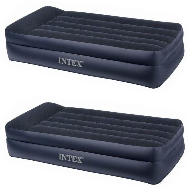 Intex Twin Raised Pillow Rest Flocked Airbeds with Built-In Air Pump (2 Pack)