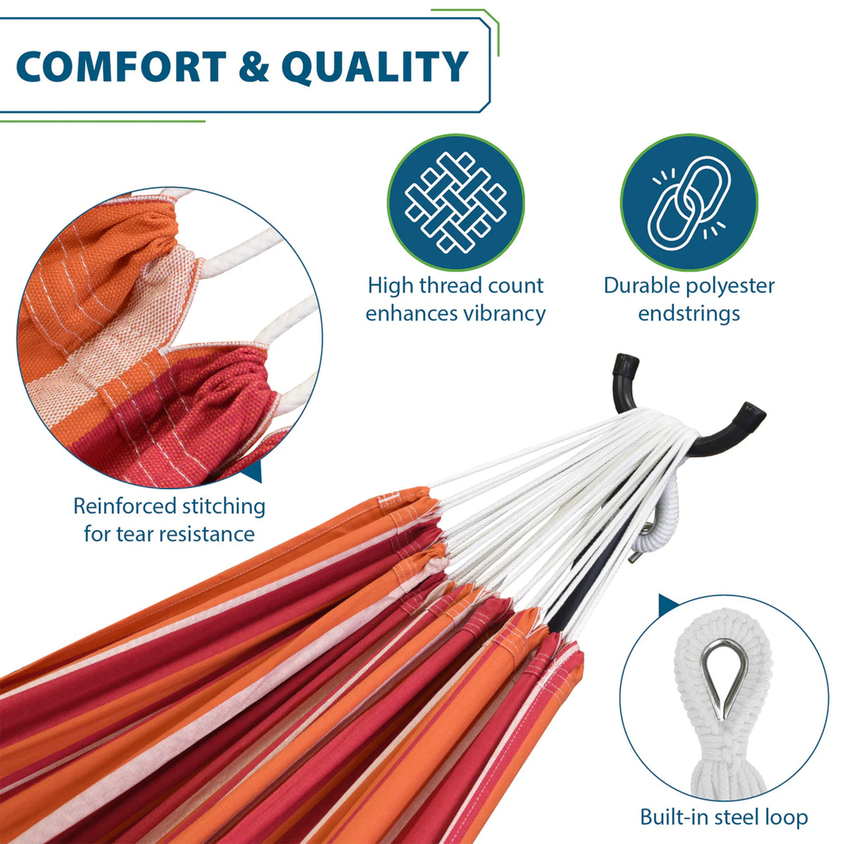 Vivere Double Cotton Hammock, Comfortable Daybed with Wood Frame, 8', Mimosa
