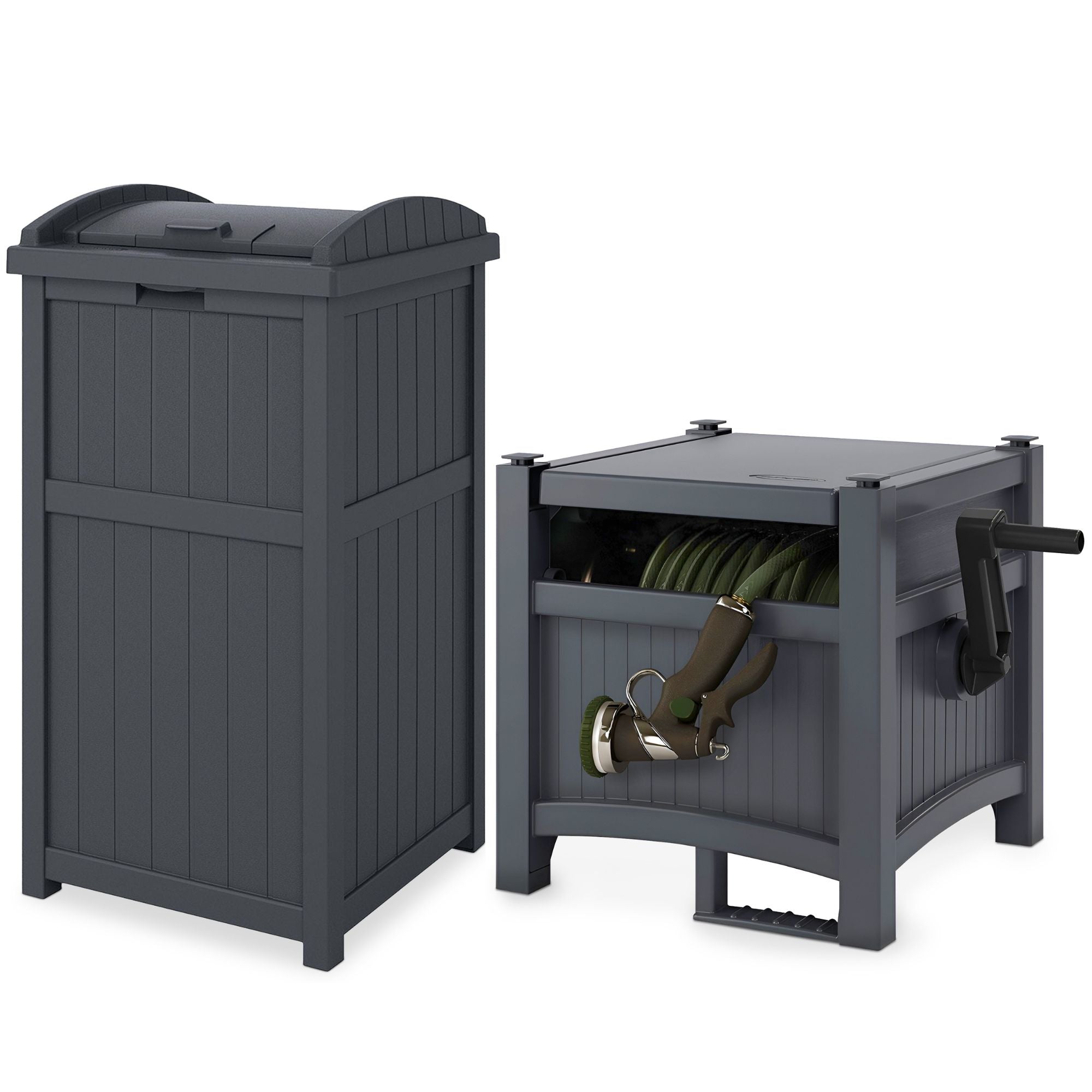 Suncast 100' Resin Garden Hose Reel & Hideaway Outdoor 33 Gal Garbage Bin, Grey