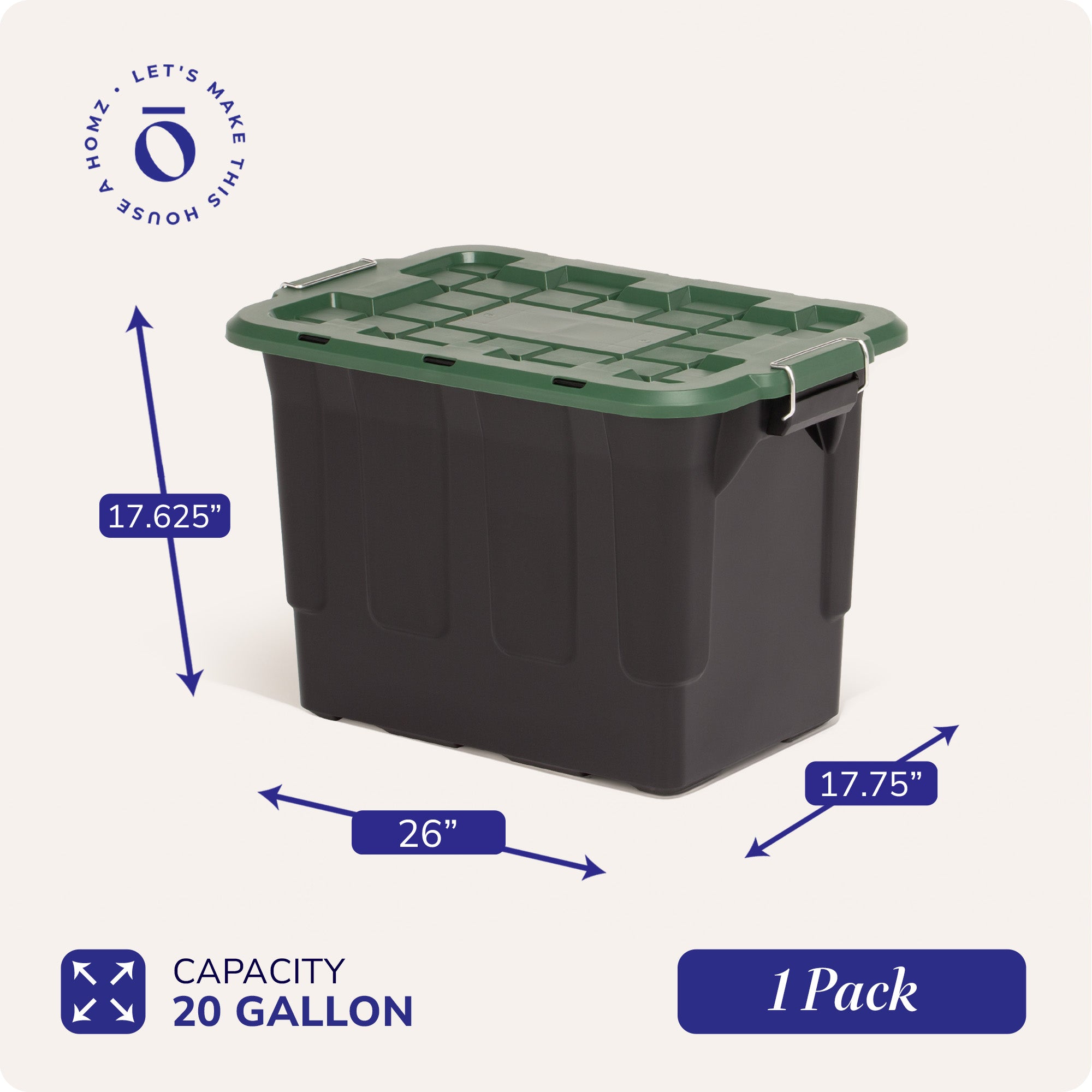 Homz 2 Pack 20-Gallon Plastic Stackable Home Storage Bins with Lids, Black/Green
